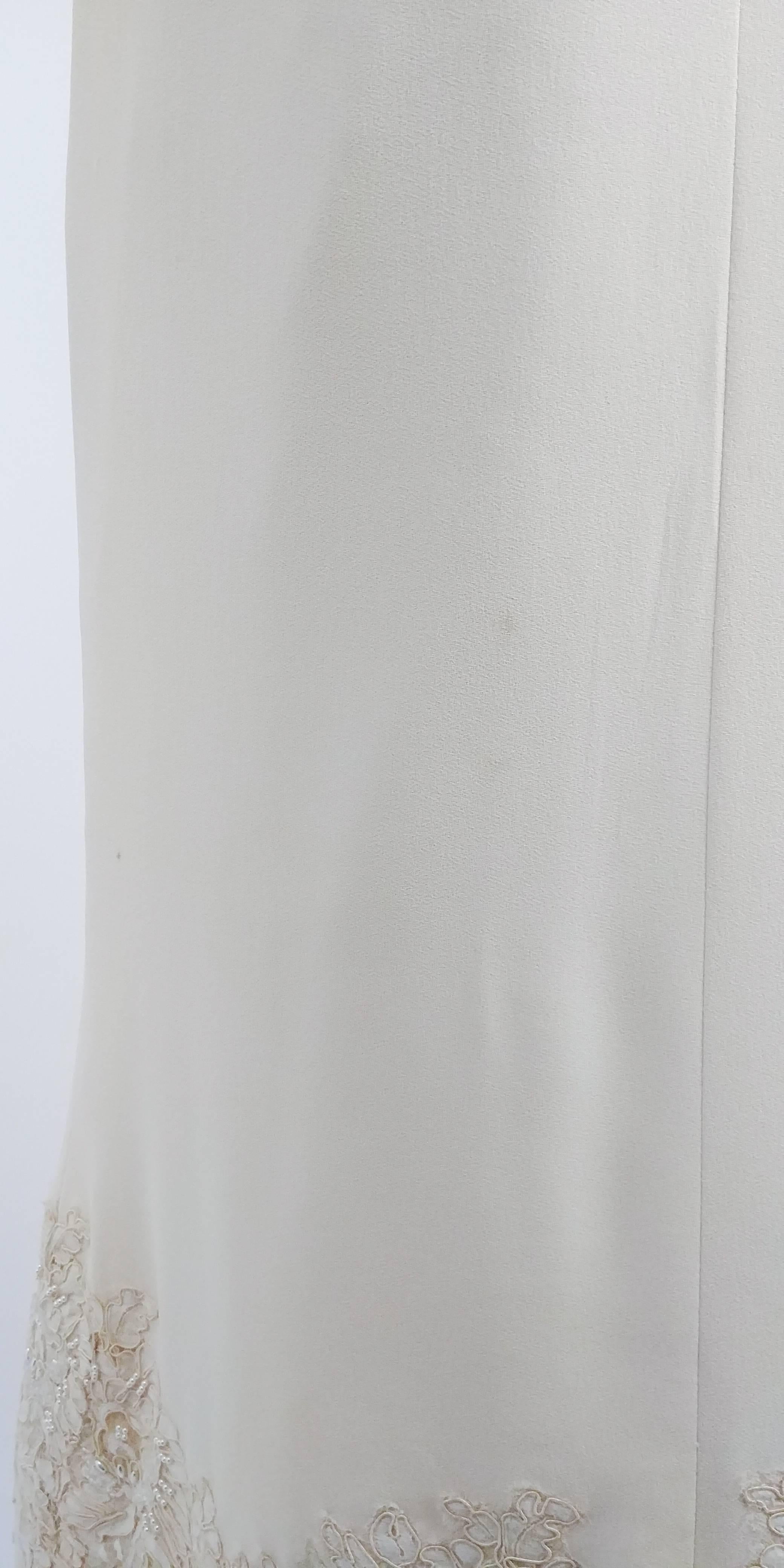 Beige 1960s Ivory Silk Crepe Wedding Dress w/ Beaded Applique For Sale