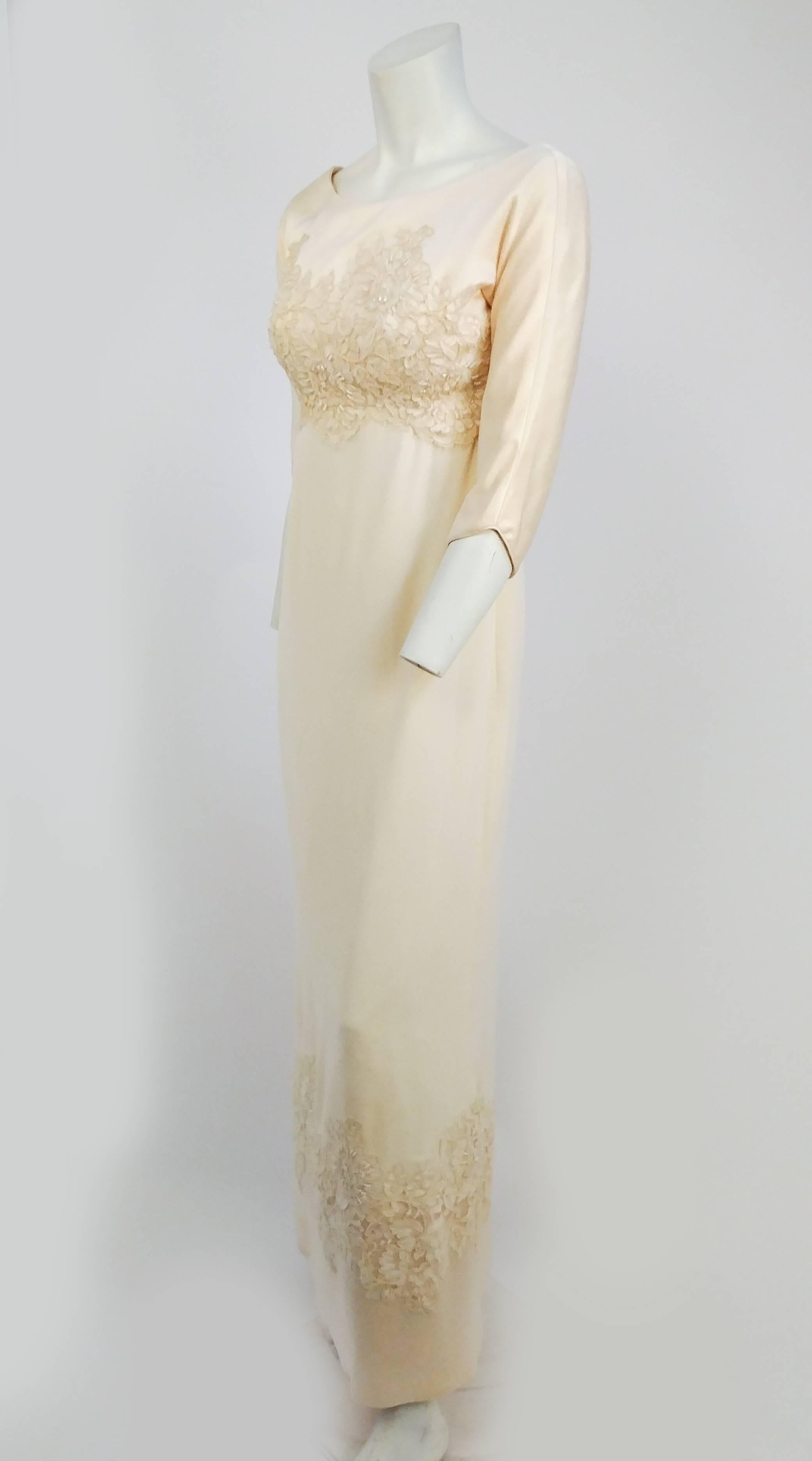 1960s Ivory Silk Crepe Wedding Dress w/ Beaded Applique.