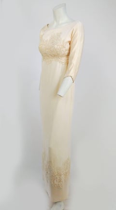 1960s Ivory Silk Crepe Wedding Dress w/ Beaded Applique