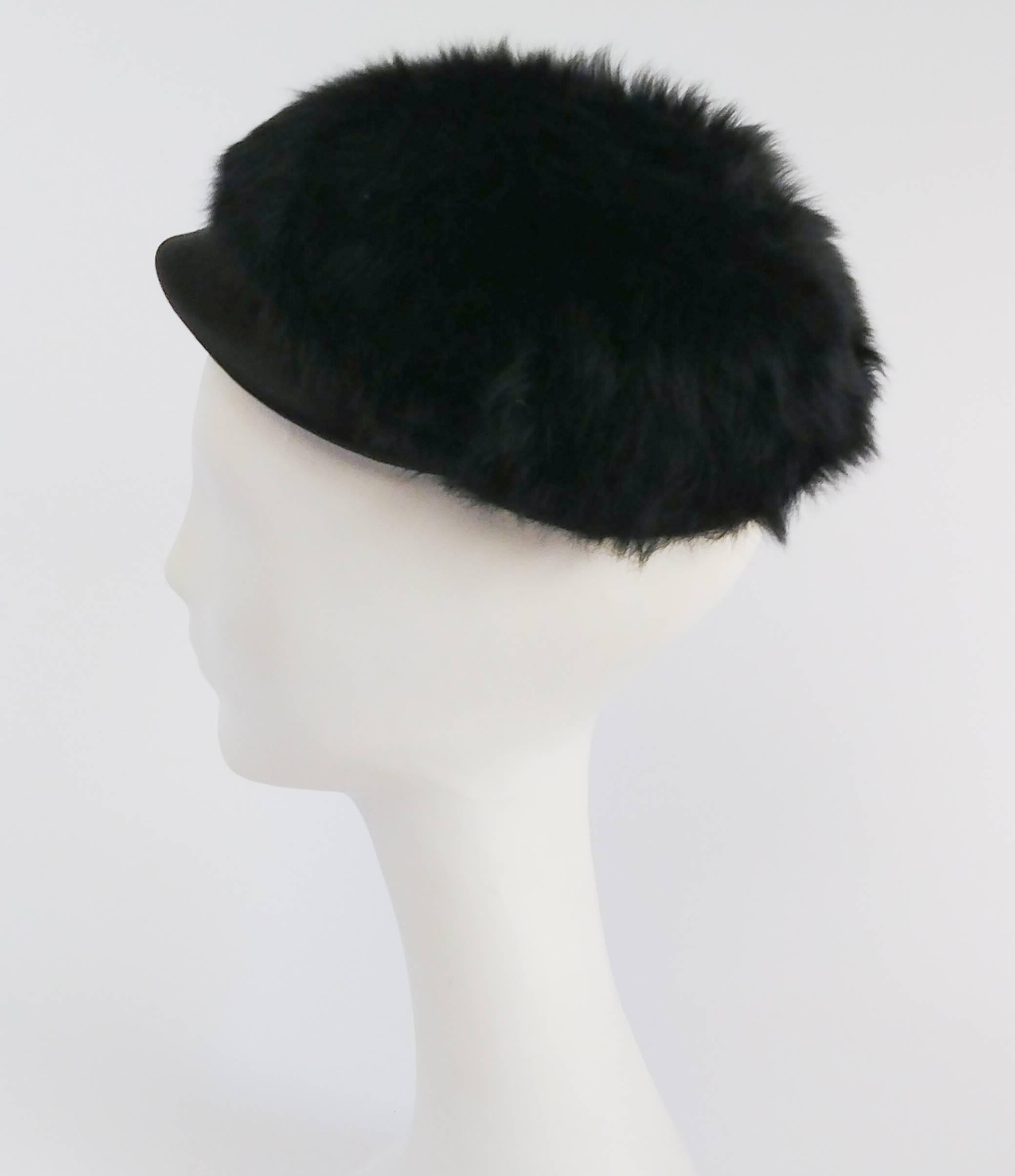 Women's 1960s Black Rabbit Fur Mod Cap w/ Brim For Sale