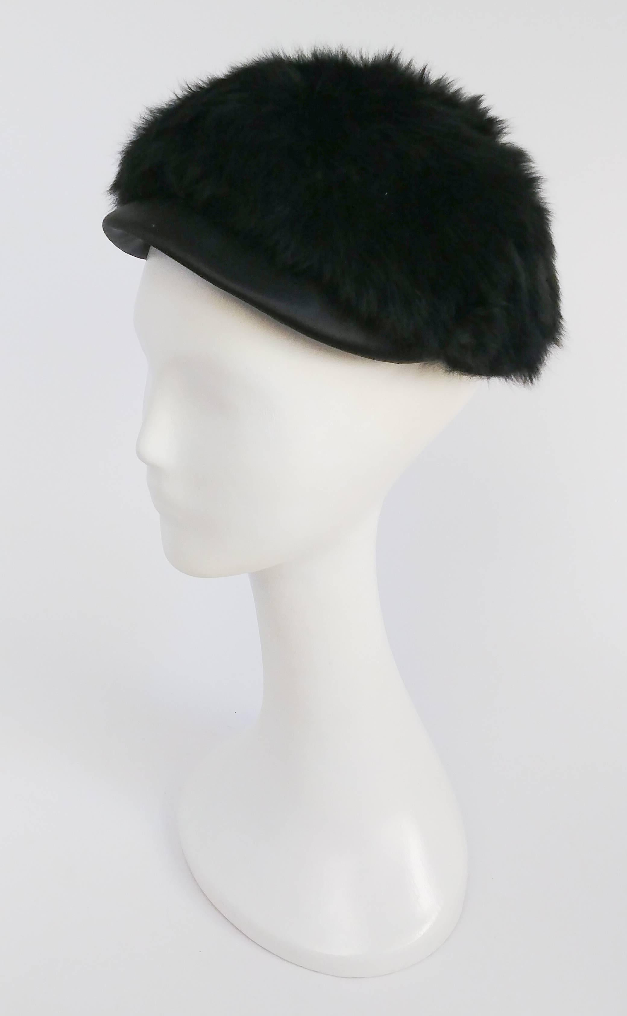 1960s Black Rabbit Fur Mod Cap w/ Brim In Excellent Condition For Sale In San Francisco, CA