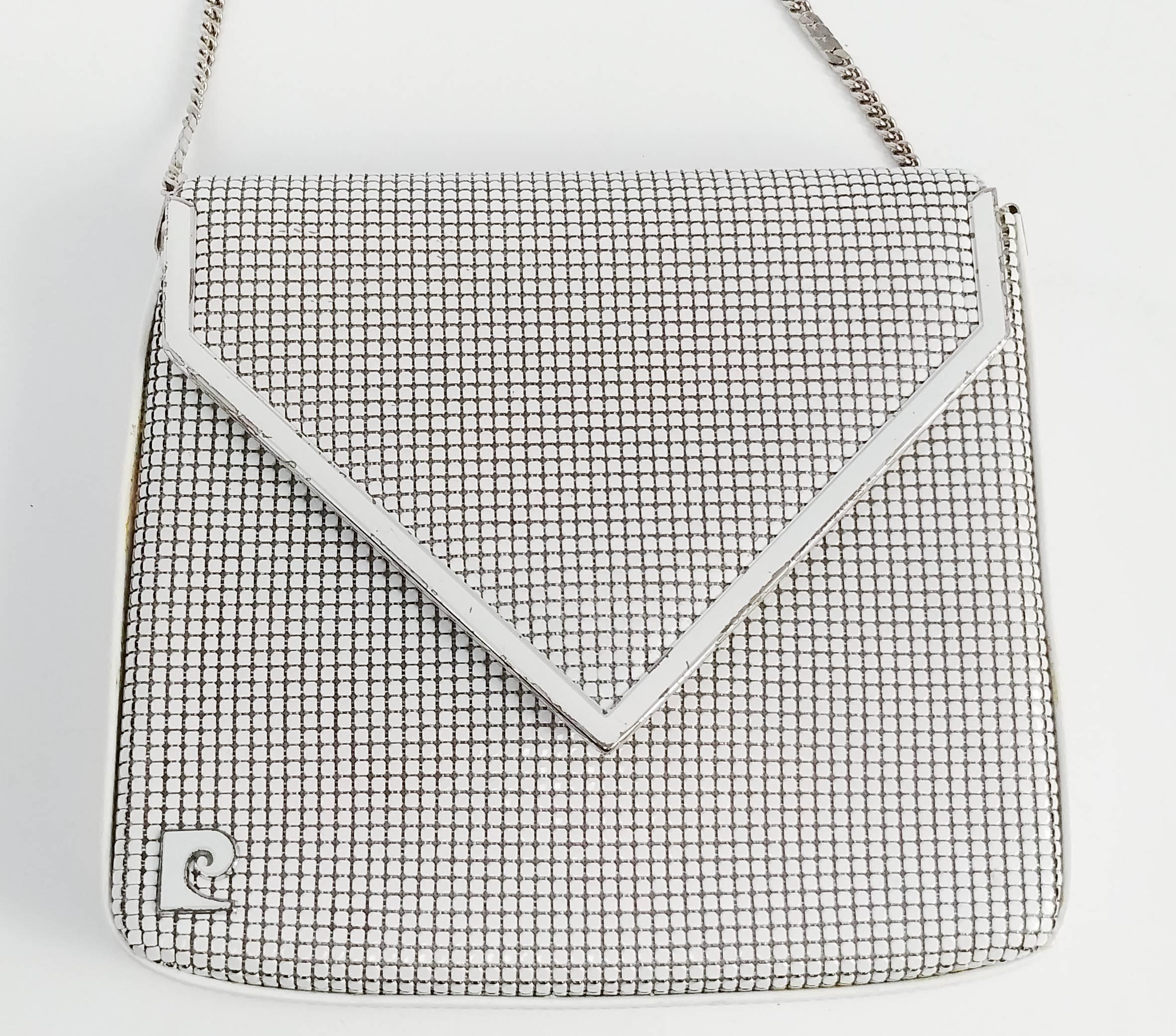 1970s Pierre Cardin White Metal Mesh Purse. Long strap can tuck into purse.