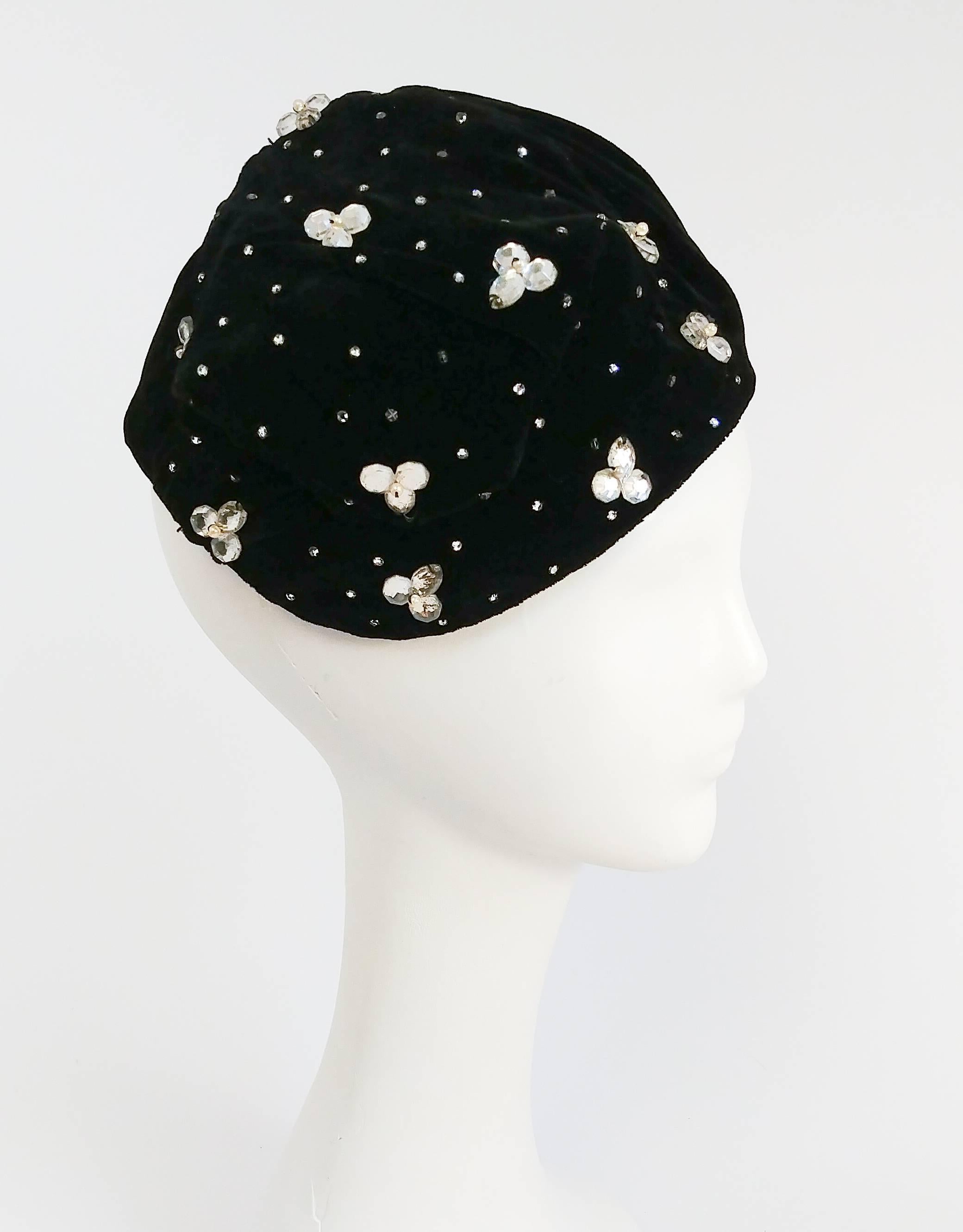 1940s Black Velvet Hat w/ Beading For Sale 1