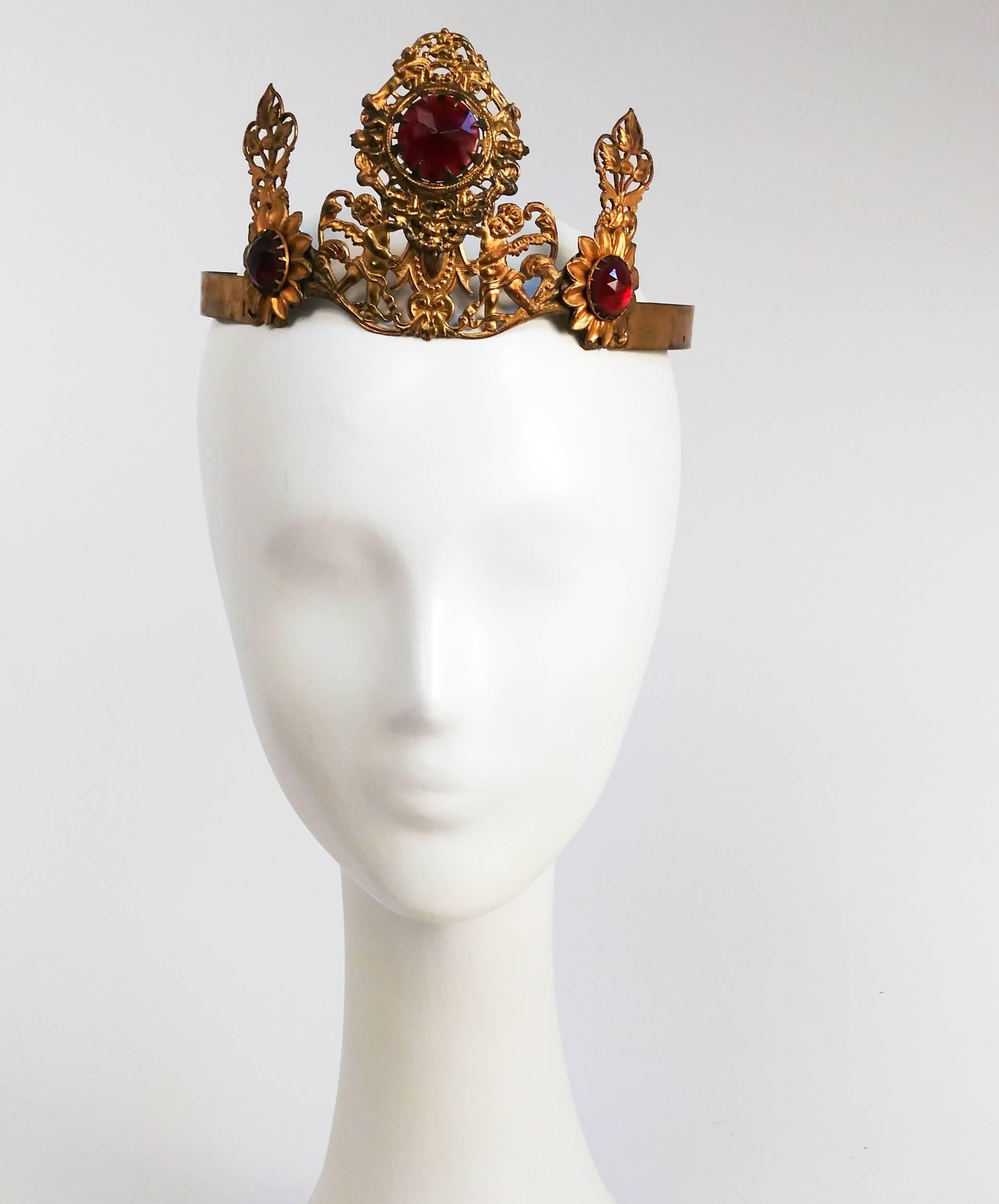 1920s Art Nouveau Brass Crown With Jewels. Adjustable back slides to fit.