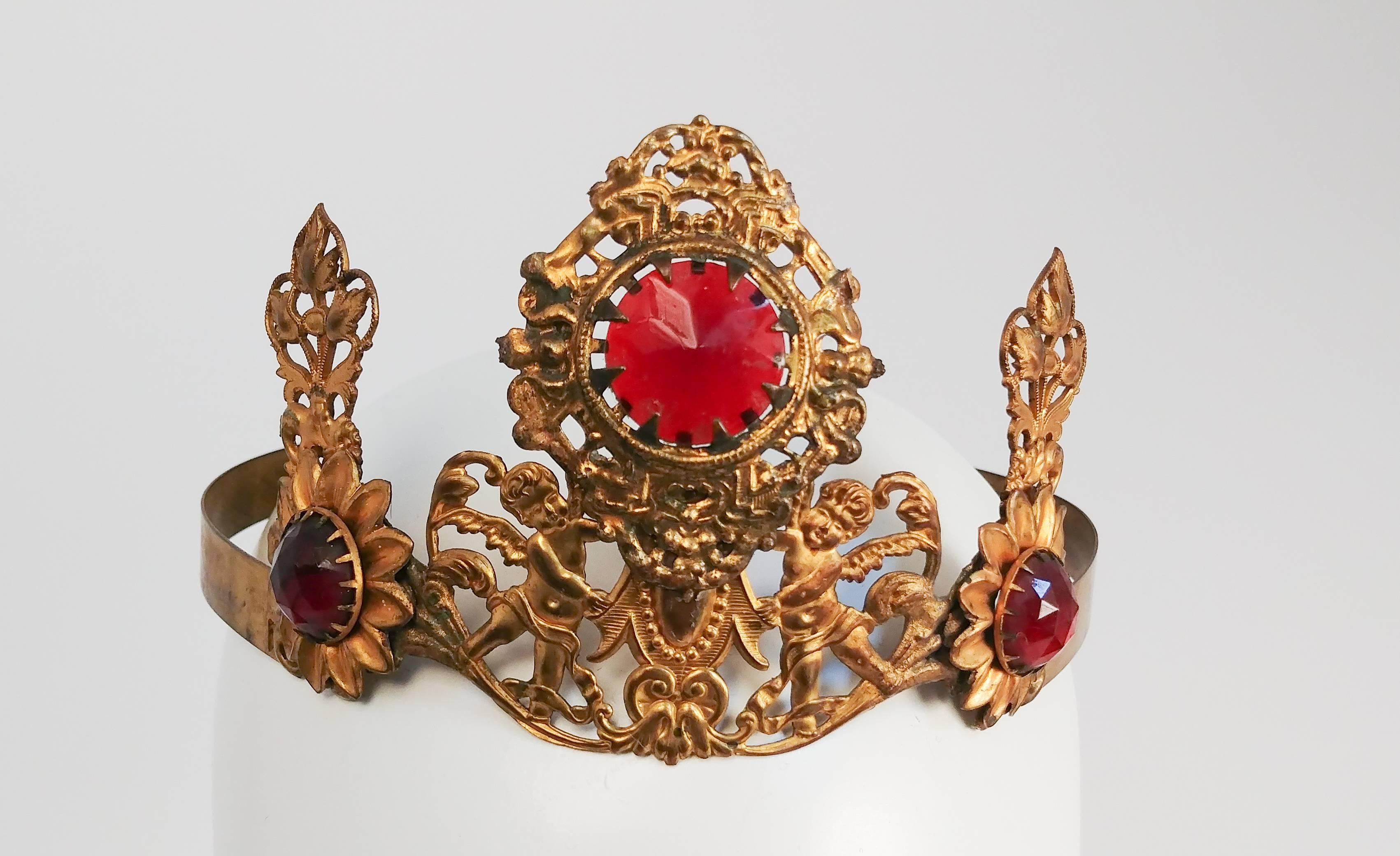 1920s Art Nouveau Brass Crown With Jewels In Good Condition In San Francisco, CA