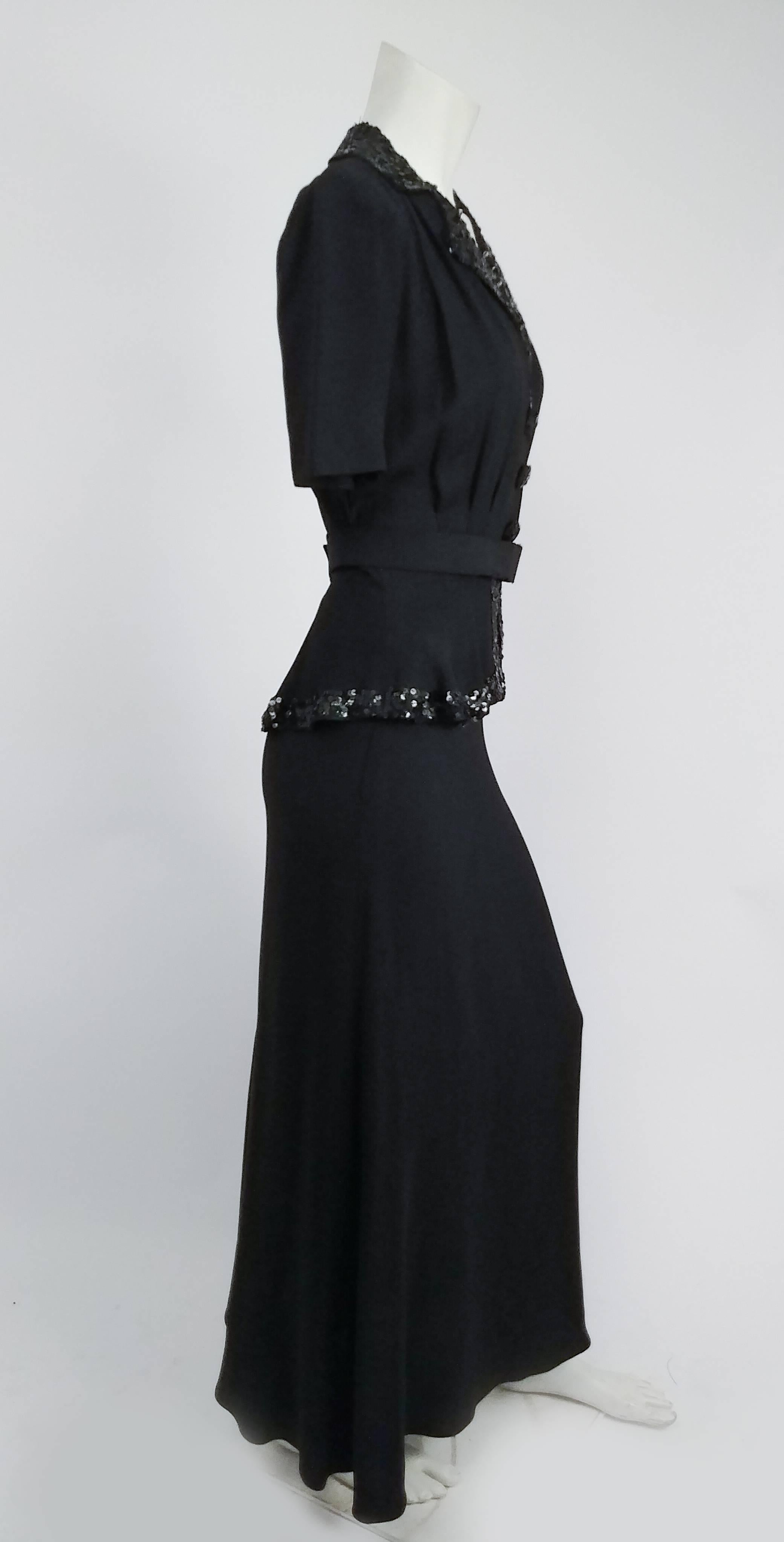 1930s Black Crepe Day Dress with Sequins In Excellent Condition In San Francisco, CA
