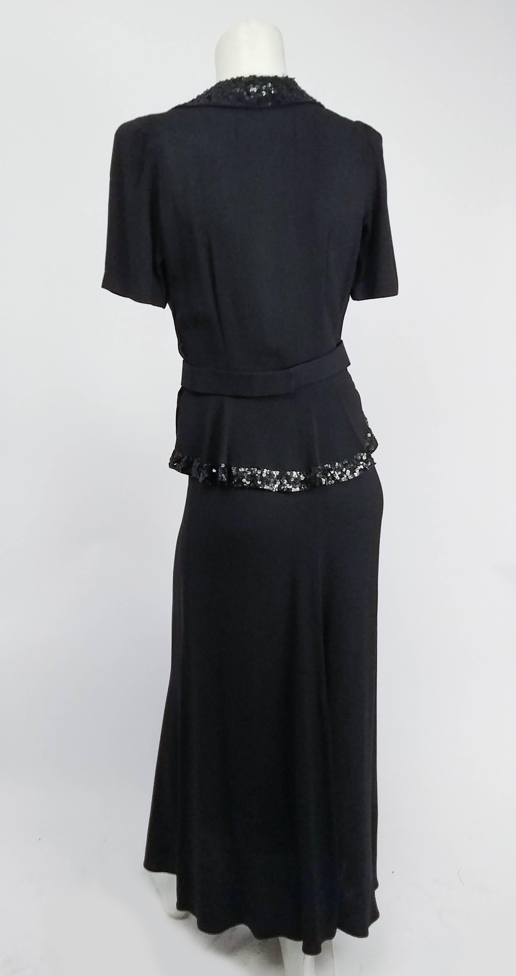 Women's 1930s Black Crepe Day Dress with Sequins