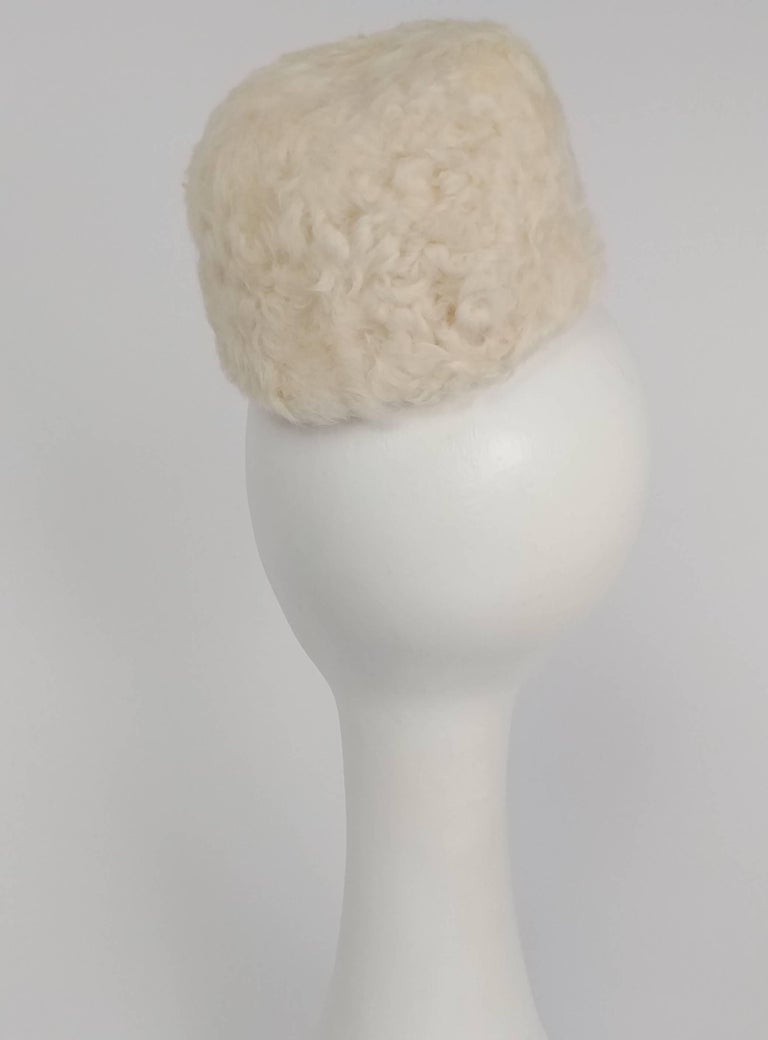 Beige 1960s Irene of New York Persian Lamb Miniature Pillbox Hat For Sale