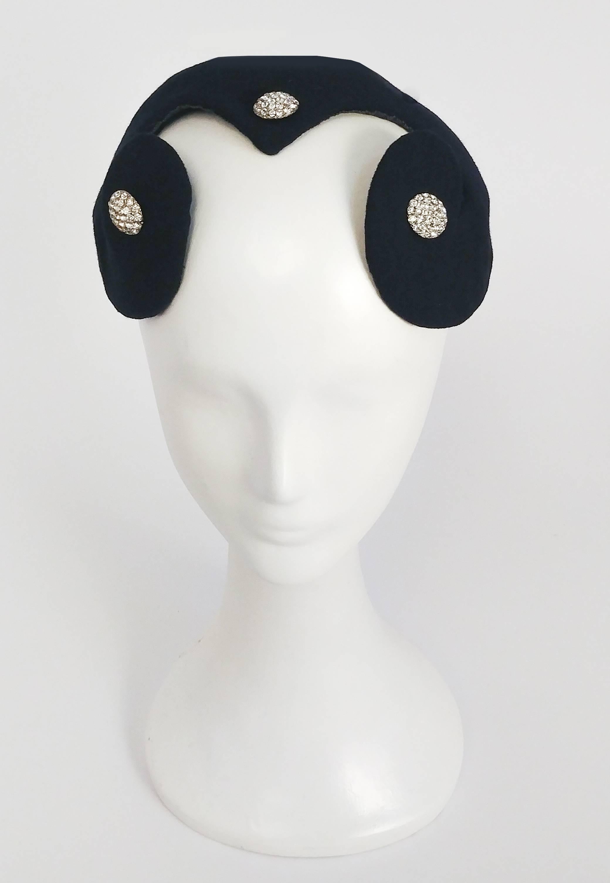 1950s Navy Hat w/ Cutouts & Rhinestone Buttons. Swirl-shaped hat with rhinestone button embellishments. 