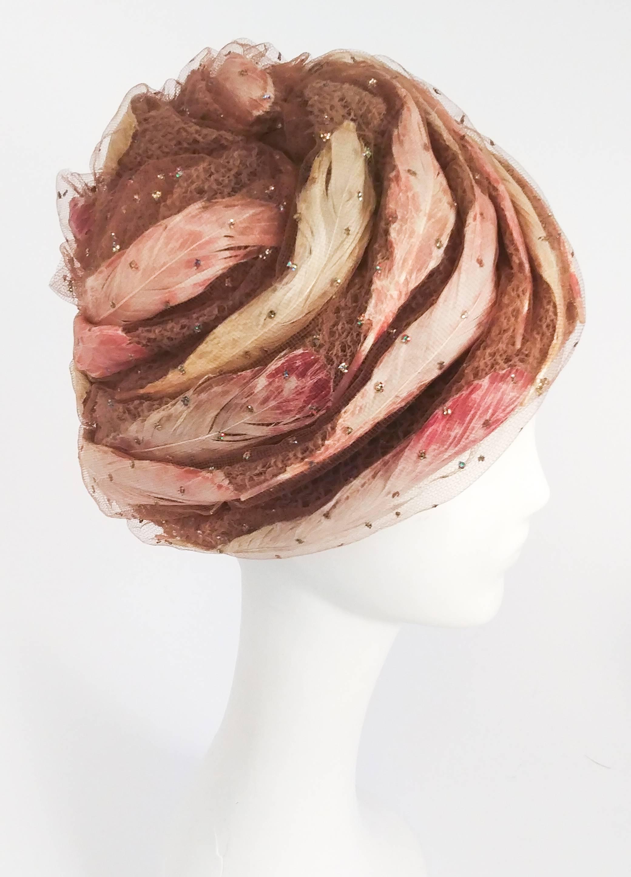 Beige 1960s Christian Dior Tulle Turban with Feathers