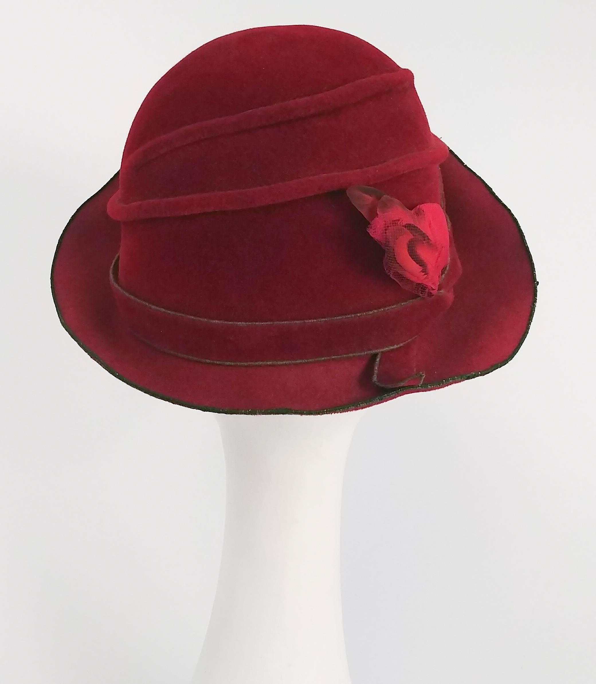 Brown 1960s Irene of New York Red Fur Velvet Hat with Green Trim 