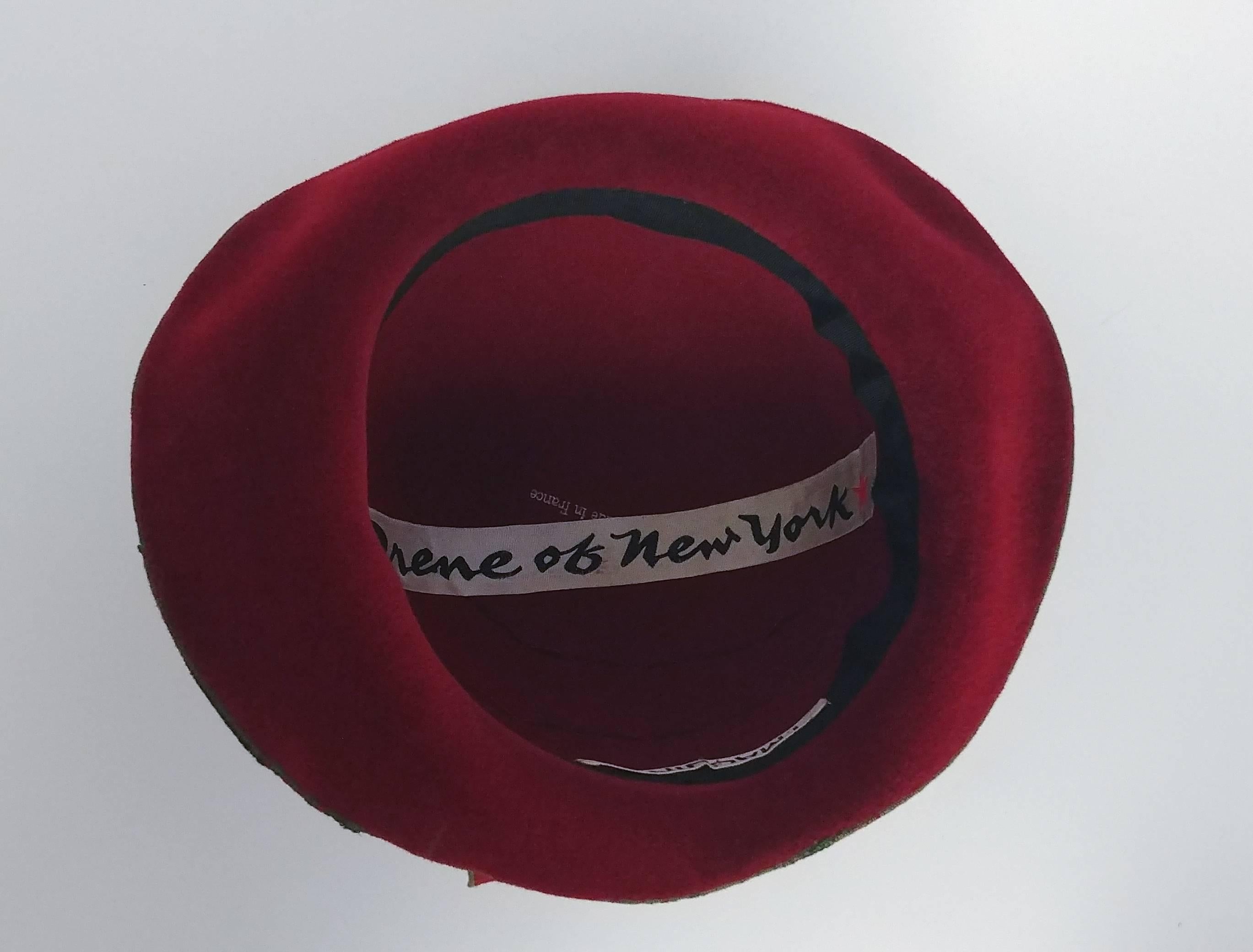 Women's 1960s Irene of New York Red Fur Velvet Hat with Green Trim 