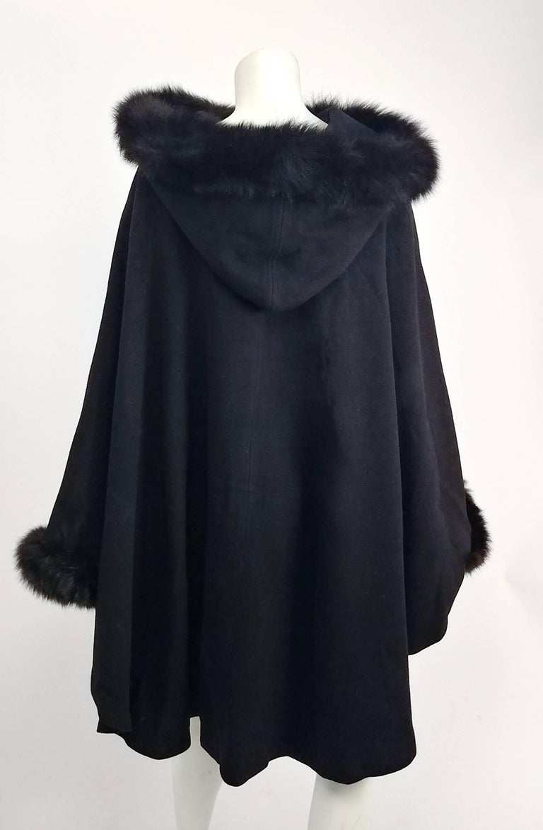 1970s Black Wool Felt Hooded Cocoon Cape with Fox Fur Trim at 1stDibs