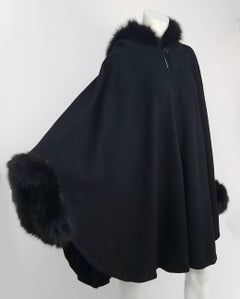 1970s Black Wool Felt Hooded Cocoon Cape with Fox Fur Trim