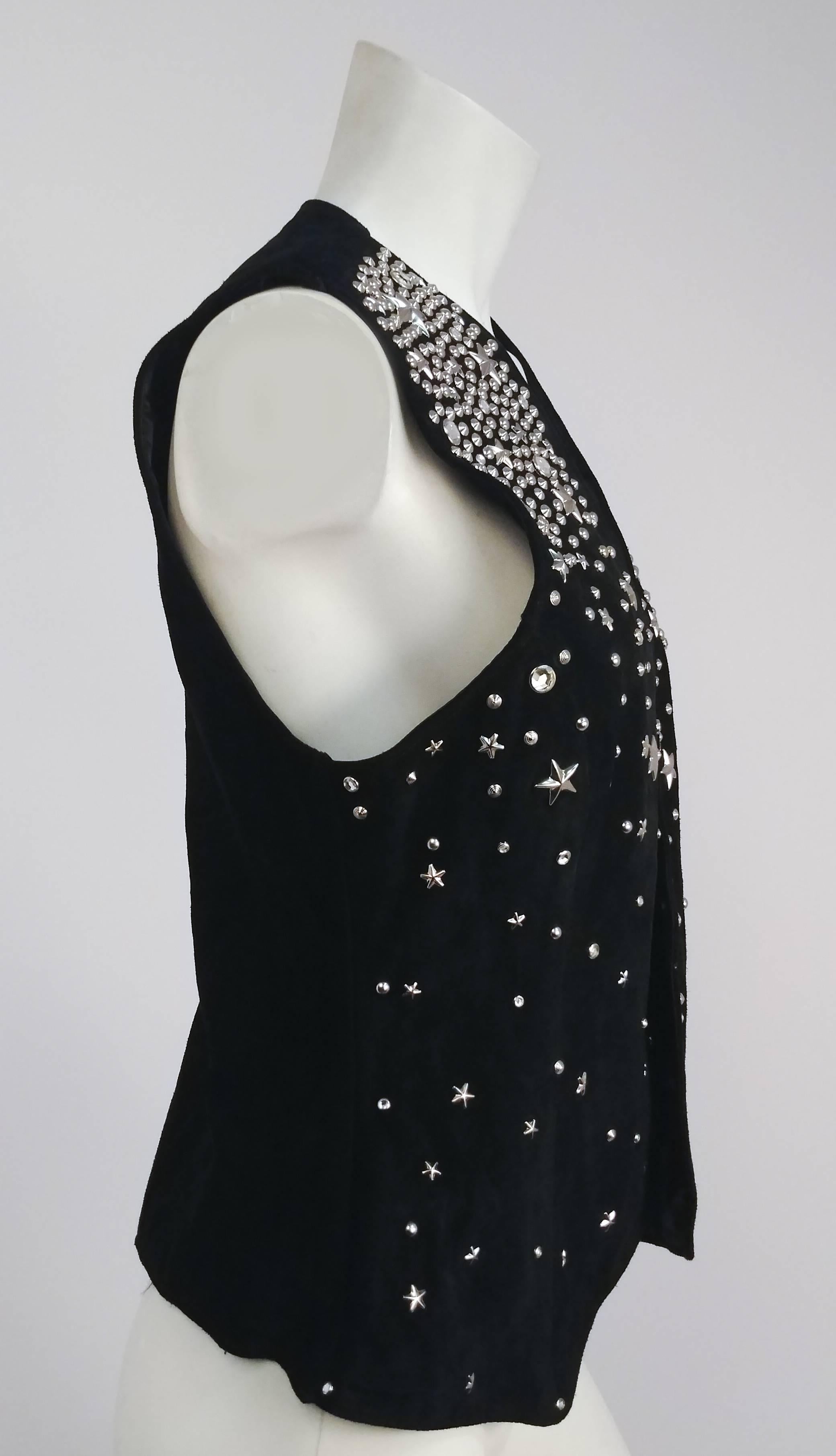 1980s Kathrine Baumann Studded and Rhinestone Suede Vest. Silver toned star and rhinestone studs. No closures. 