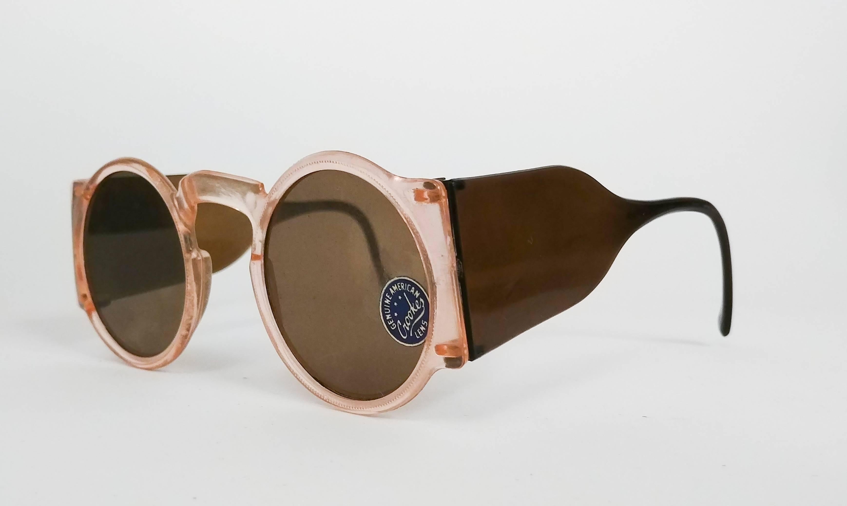 1930s Light Pink Round Celluloid Sunglasses. Deadstock. Small fit. 