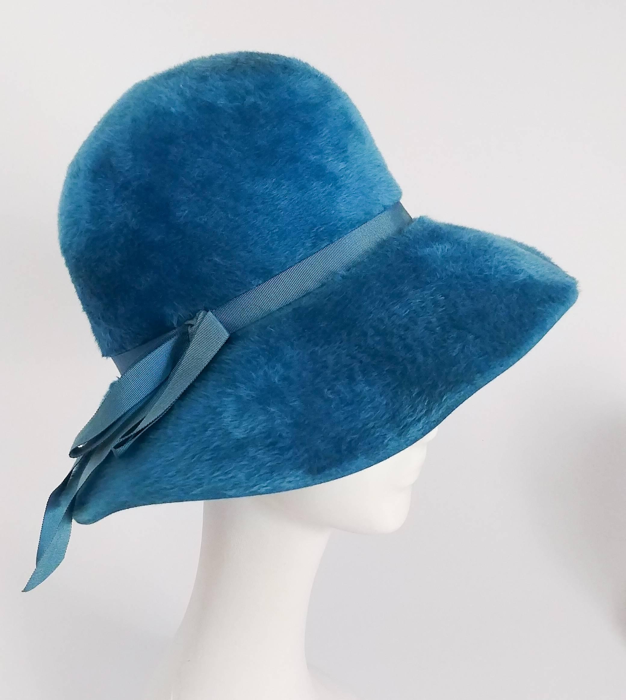 1960s Cerulean Blue Felt Wide Brim Floppy Hat. Blue grosgrain ribbon band. 