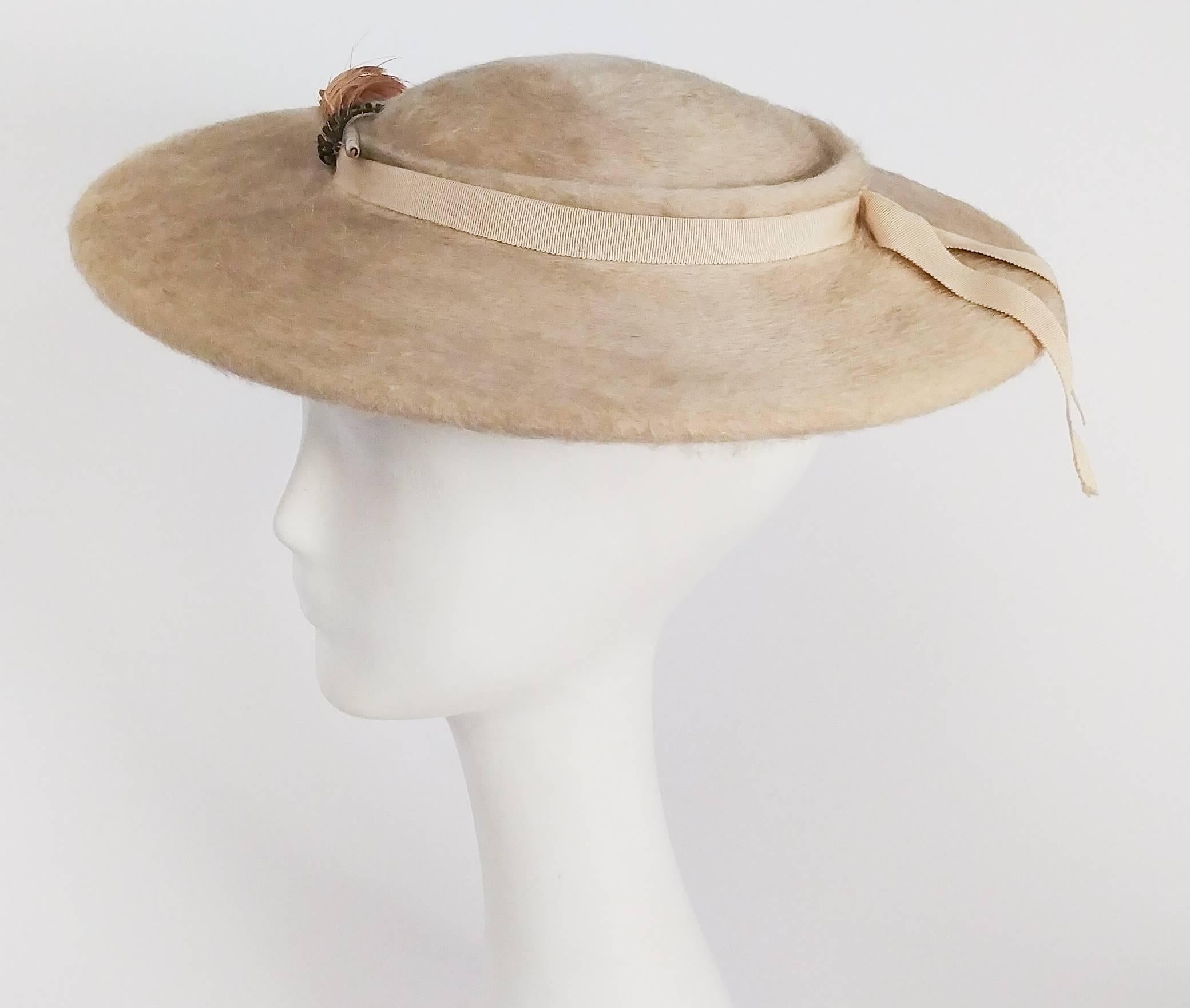 Women's 1950s Cream Felt Wide Saucer Hat with Pheasant Feather