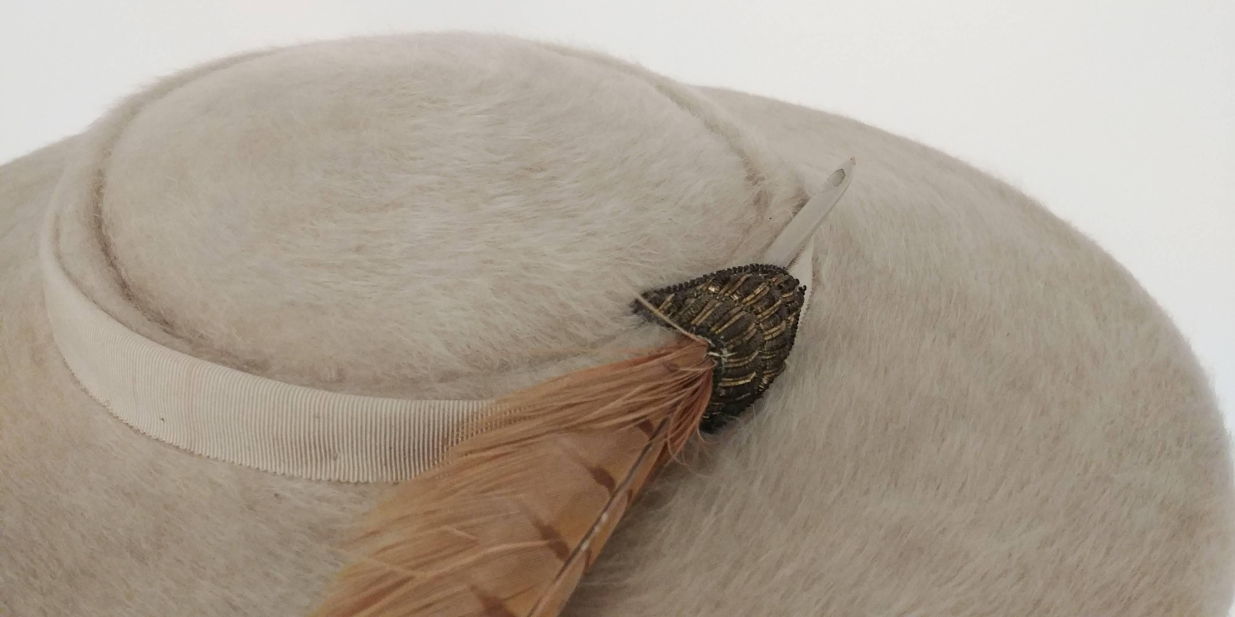 Beige 1950s Cream Felt Wide Saucer Hat with Pheasant Feather