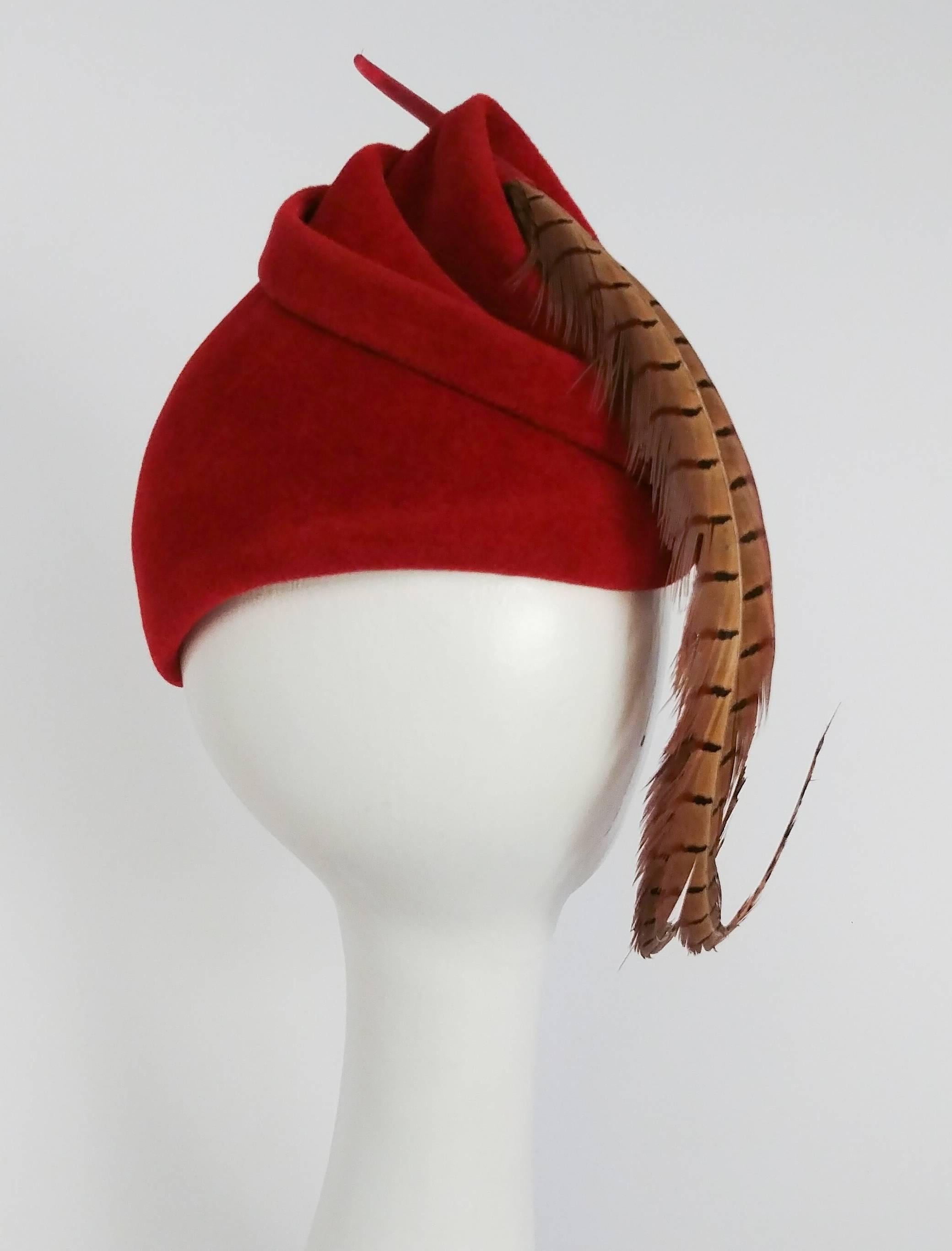 Gray 1940s Red Felt Surrealist Hat with Pheasant Feather