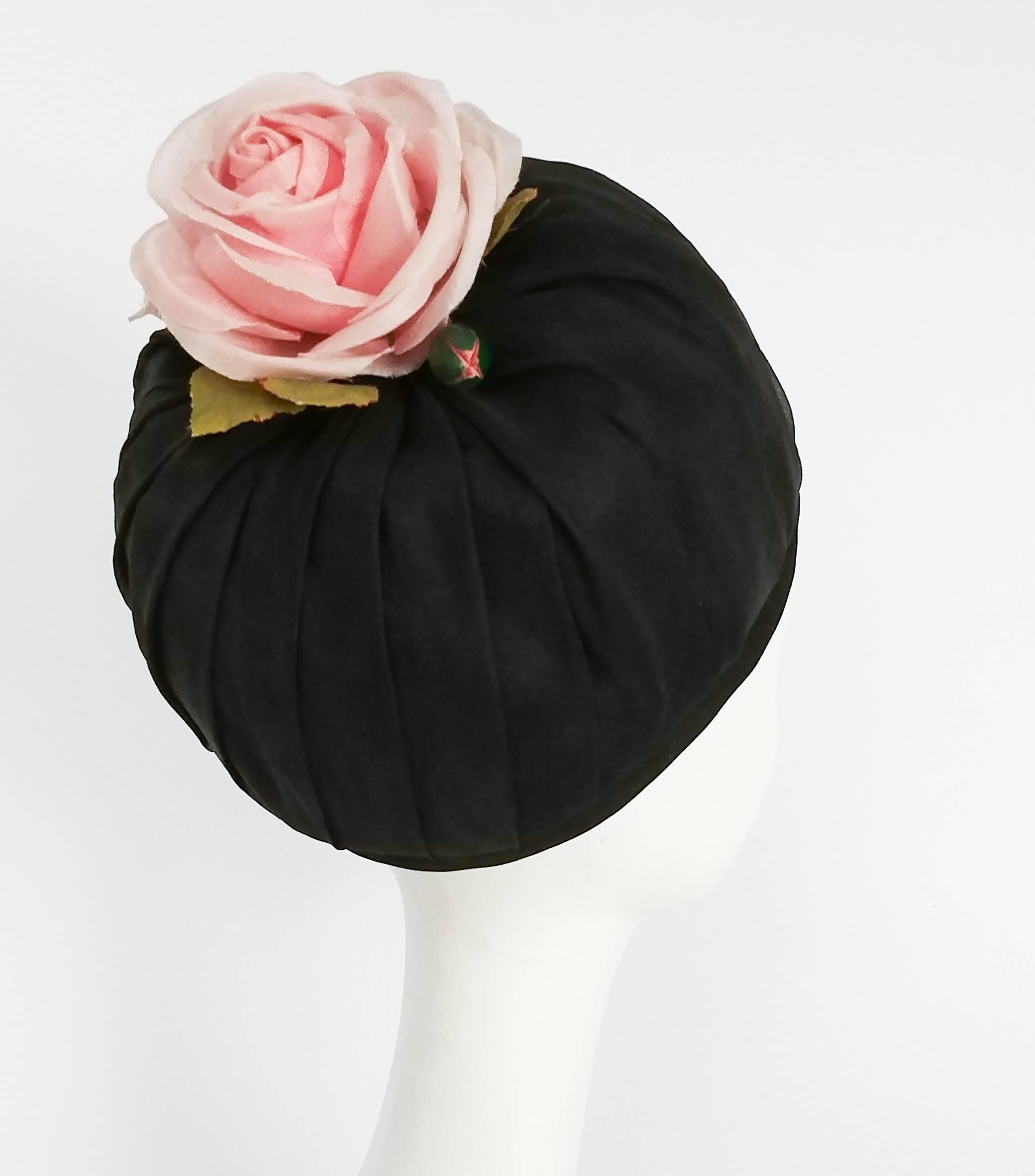 Women's 1960s Black Ruched Organza Hat with Rose