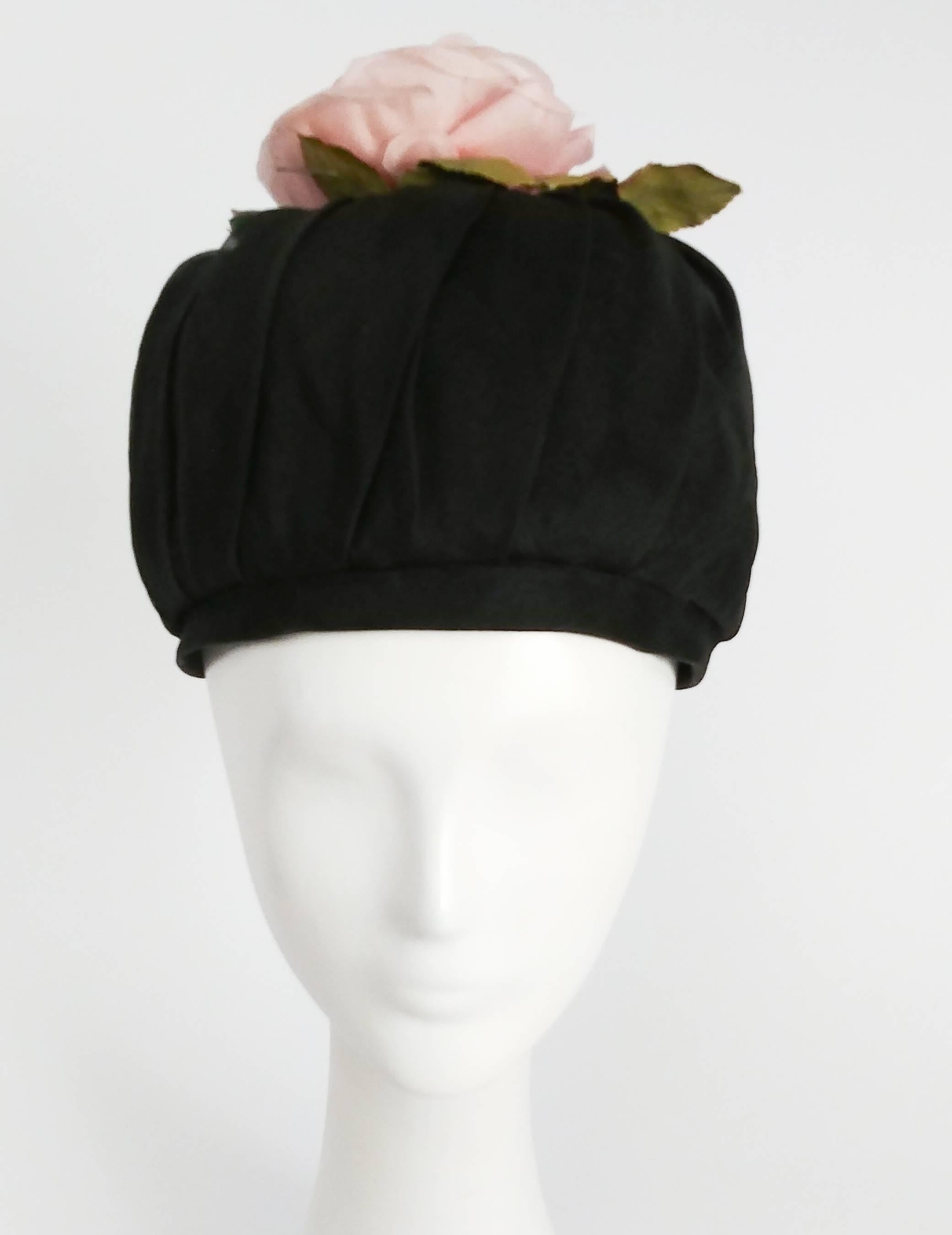 1960s Black Ruched Organza Hat with Rose In Excellent Condition In San Francisco, CA