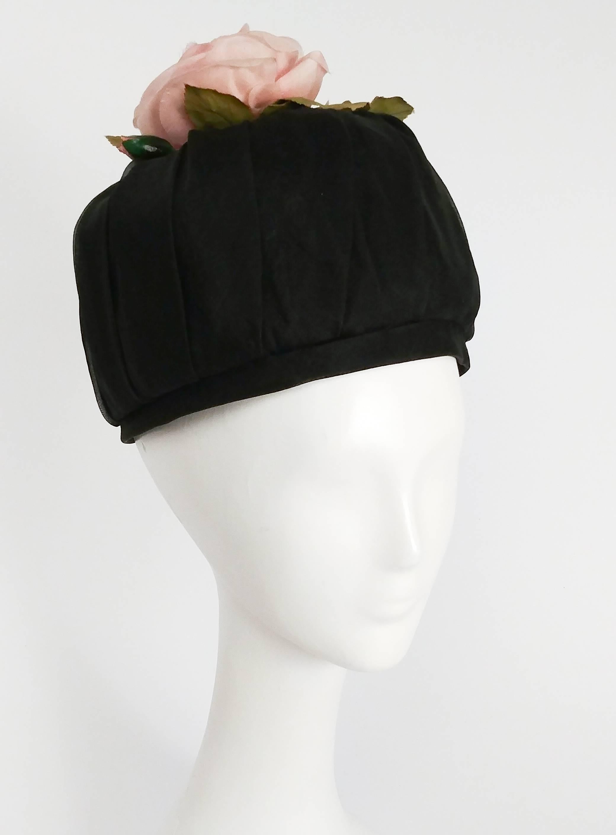 1960s Black Ruched Organza Hat with Rose. 