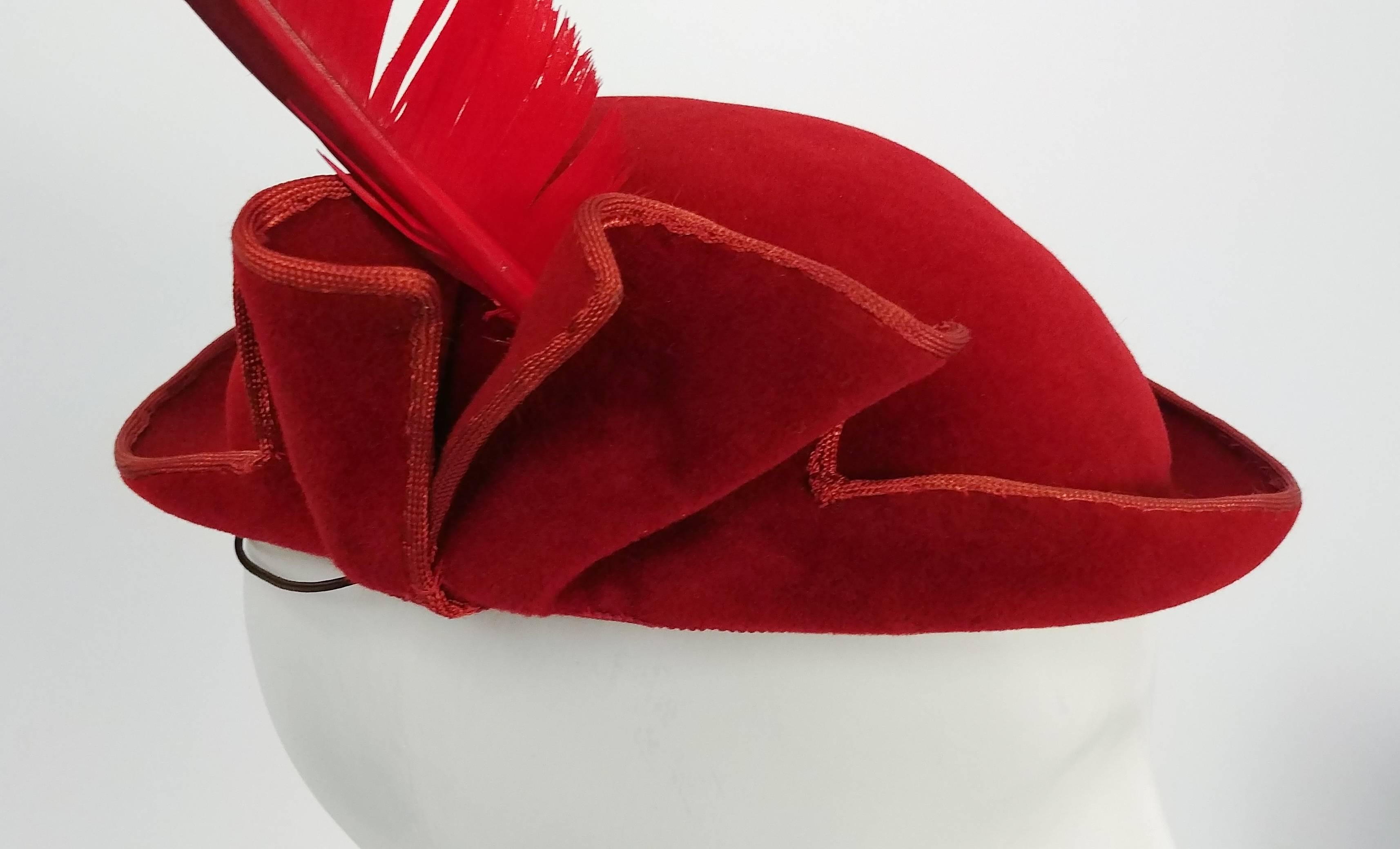 Gray 1930s Red Felt Ruffled Hat with Tall Feather