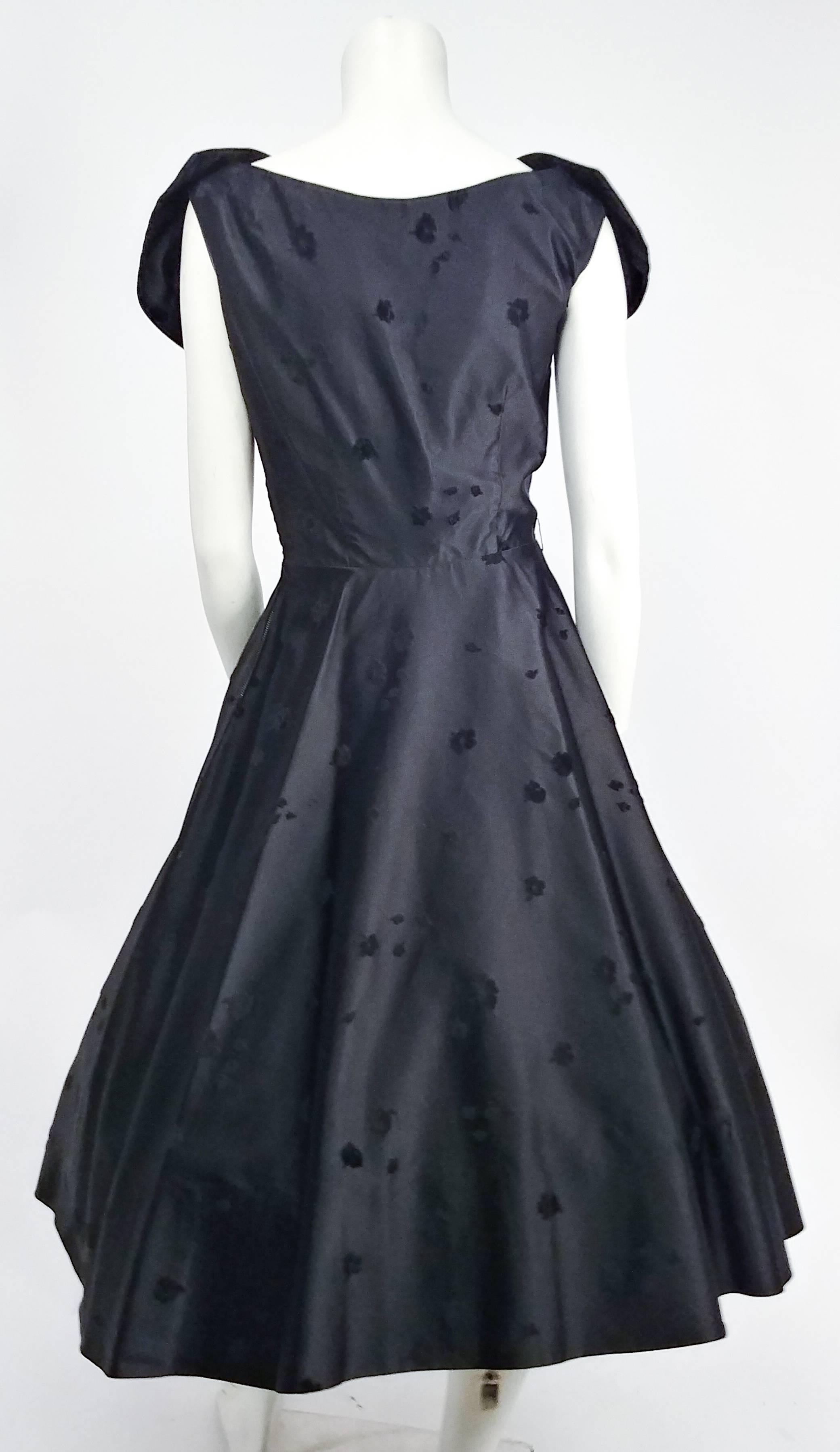 1950s Flocked Black Satin Cocktail Dress In Excellent Condition In San Francisco, CA