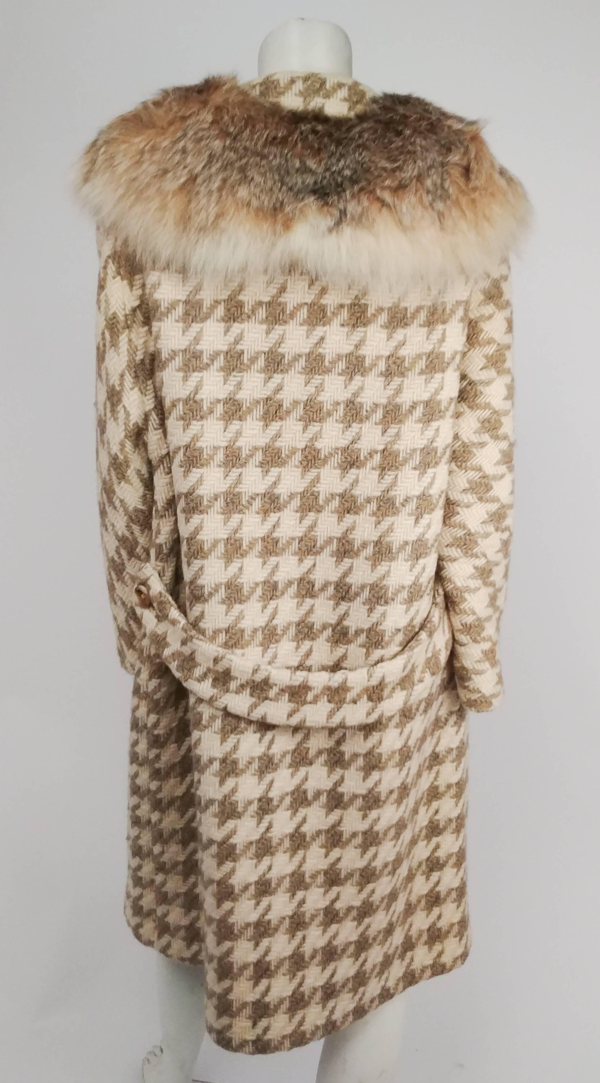 Brown 1960s Tan Herringbone Wool Coat with Fox Fur Collar