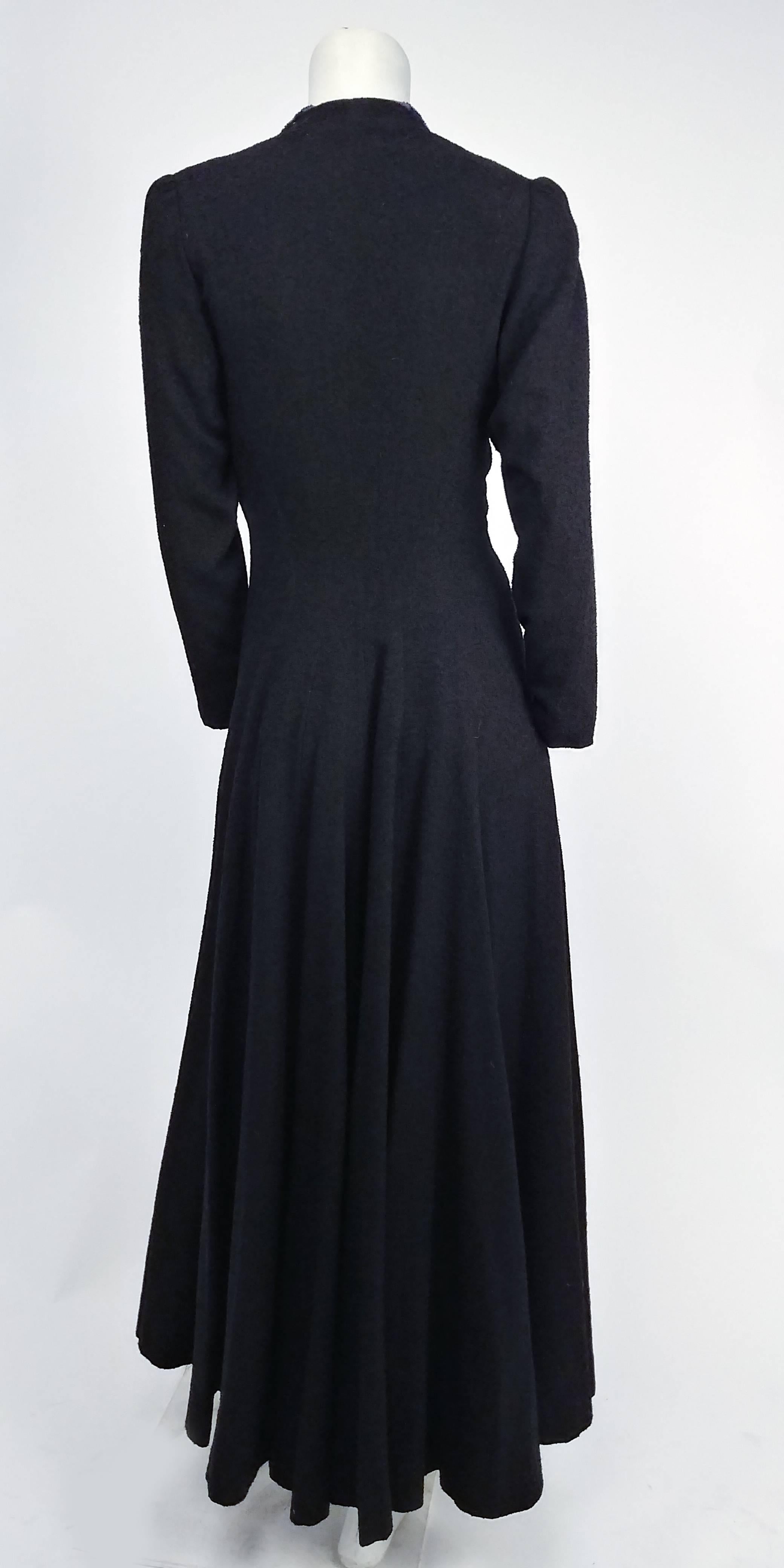1940s Black Wool Coat with Red and Blue Beaded Collar In Good Condition In San Francisco, CA