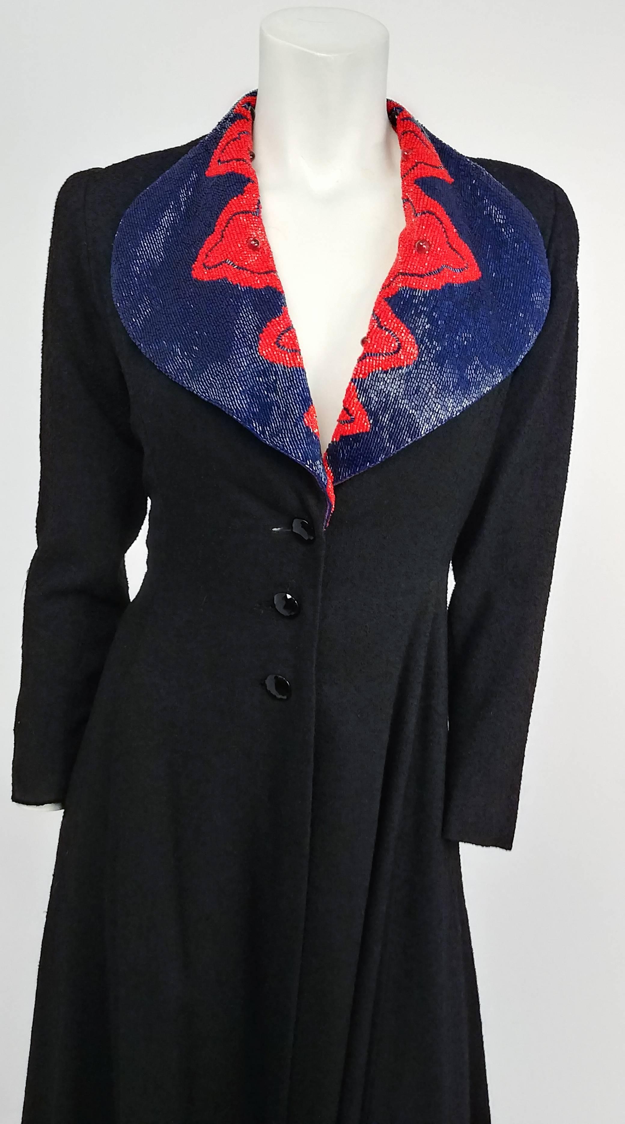 Women's 1940s Black Wool Coat with Red and Blue Beaded Collar