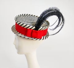 1940s Black & White Striped Red Band Feather Hat