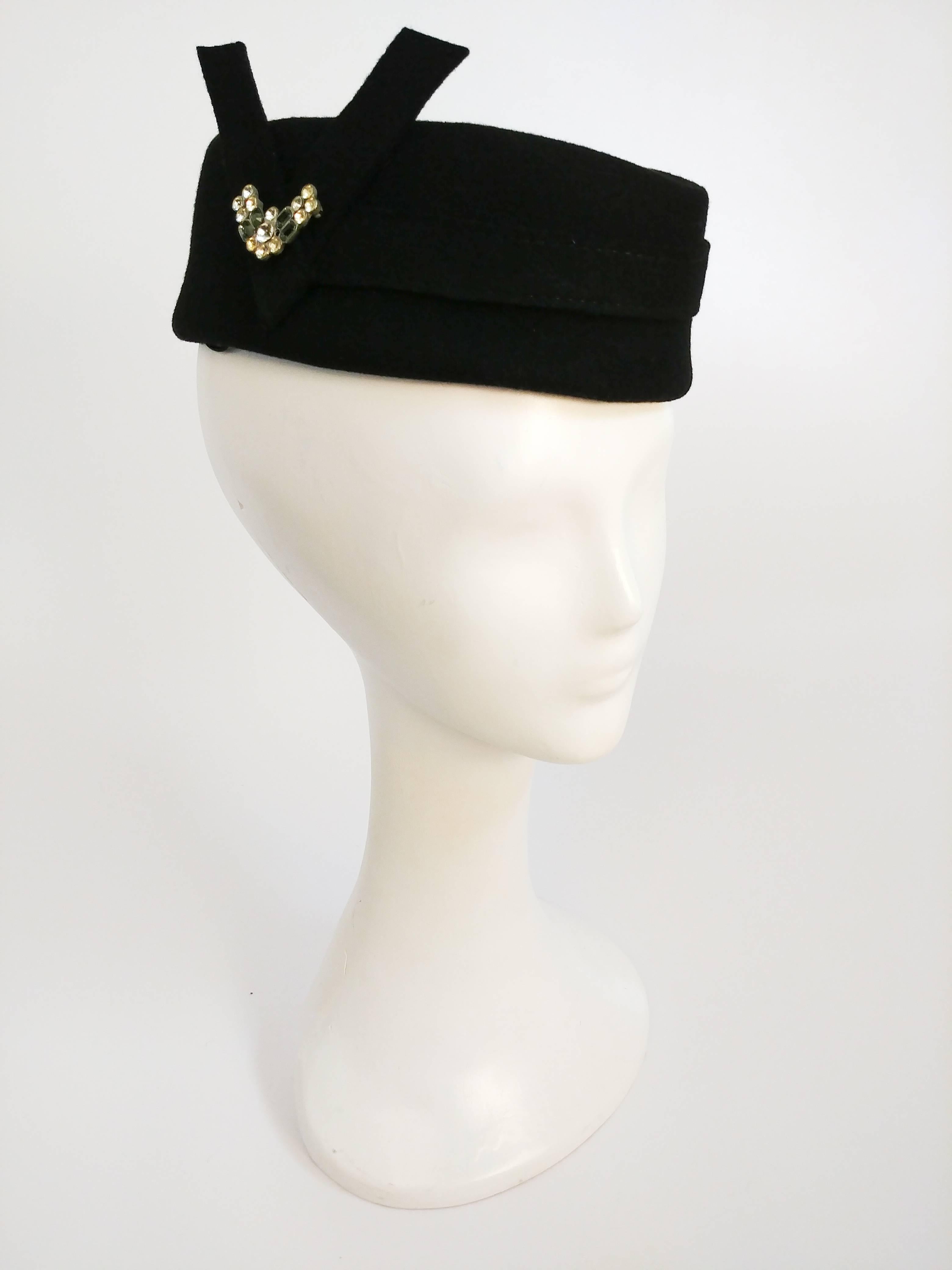 1940s V for Victory Army Style Women's Hat. Patriotic V for Victory WWII cap embellished with rhinestones. Elastic band holds hat to back of head. 