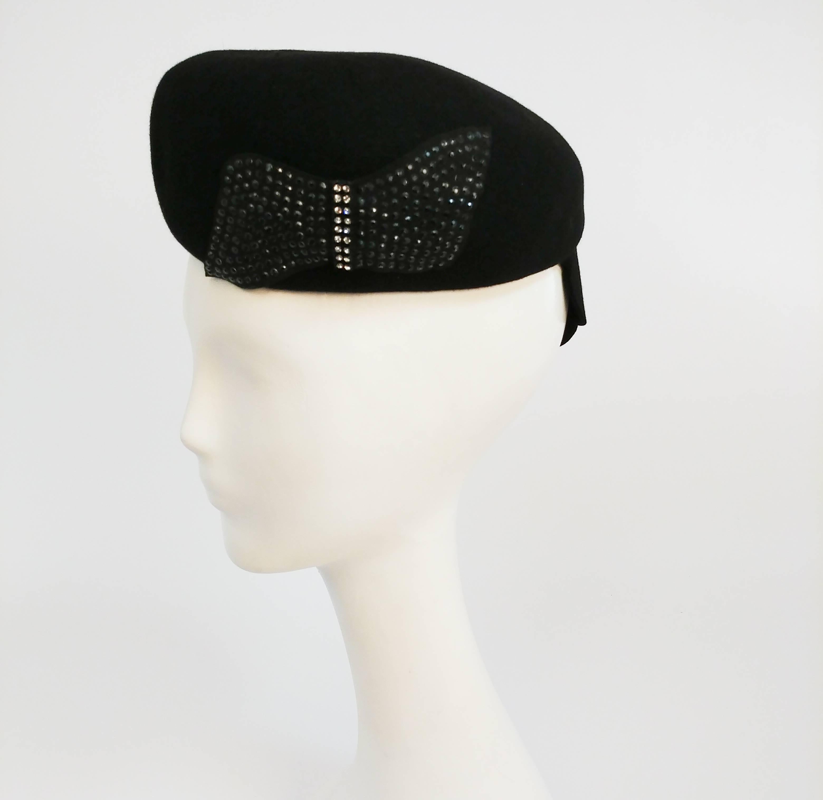 1930s Black Felt Hat with Side Bow. Interesting scalloped back conforms to back of head. 