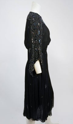 1970s Judith Ann Beaded Silk Chiffon Black Dress