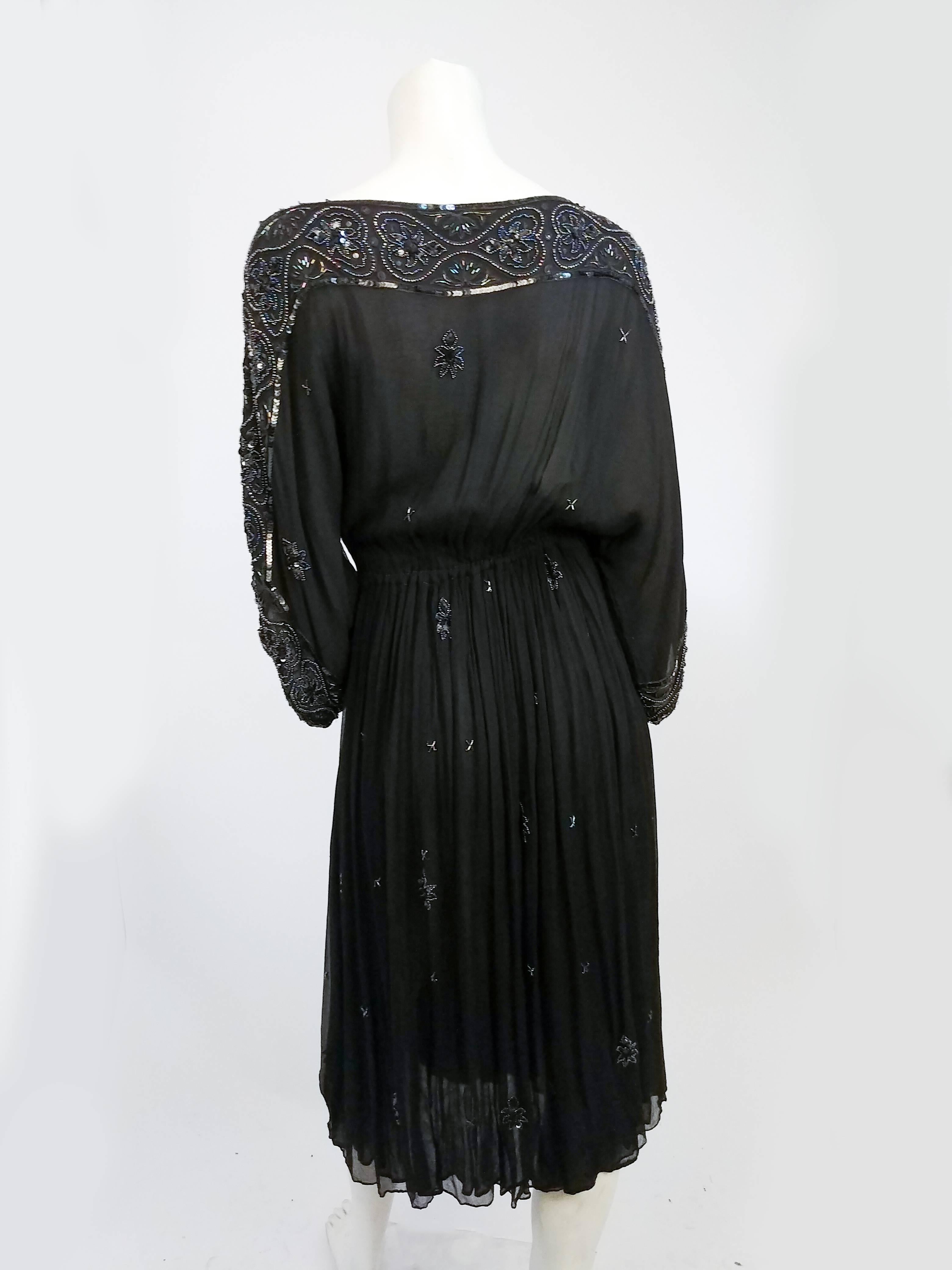 1970s Judith Ann Beaded Silk Chiffon Black Dress In Excellent Condition For Sale In San Francisco, CA