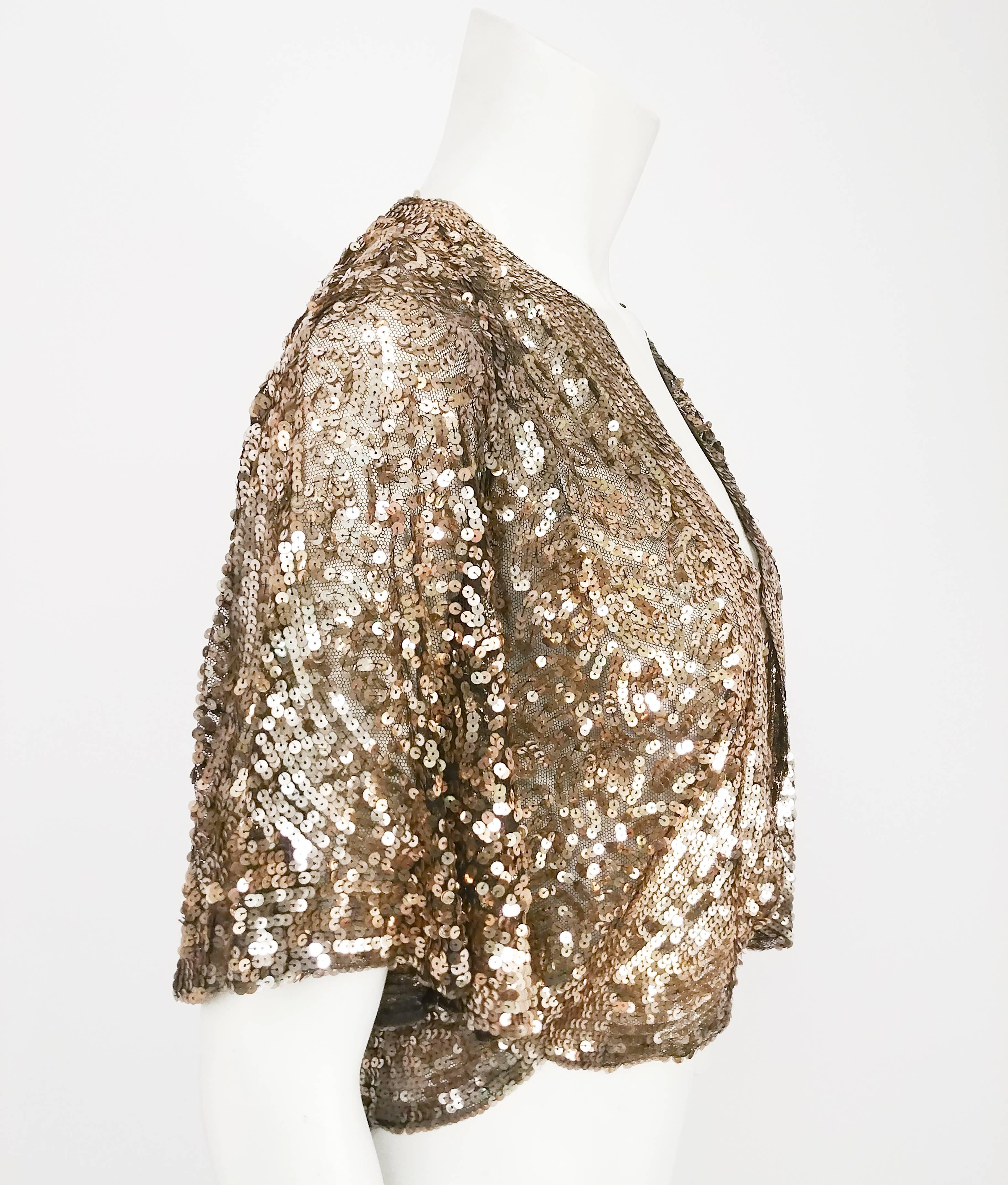 1930s Gold Sequin Bolero. Drapey sleeves. No closure. Art nouveau swirl design. Sewn on black mesh base.
