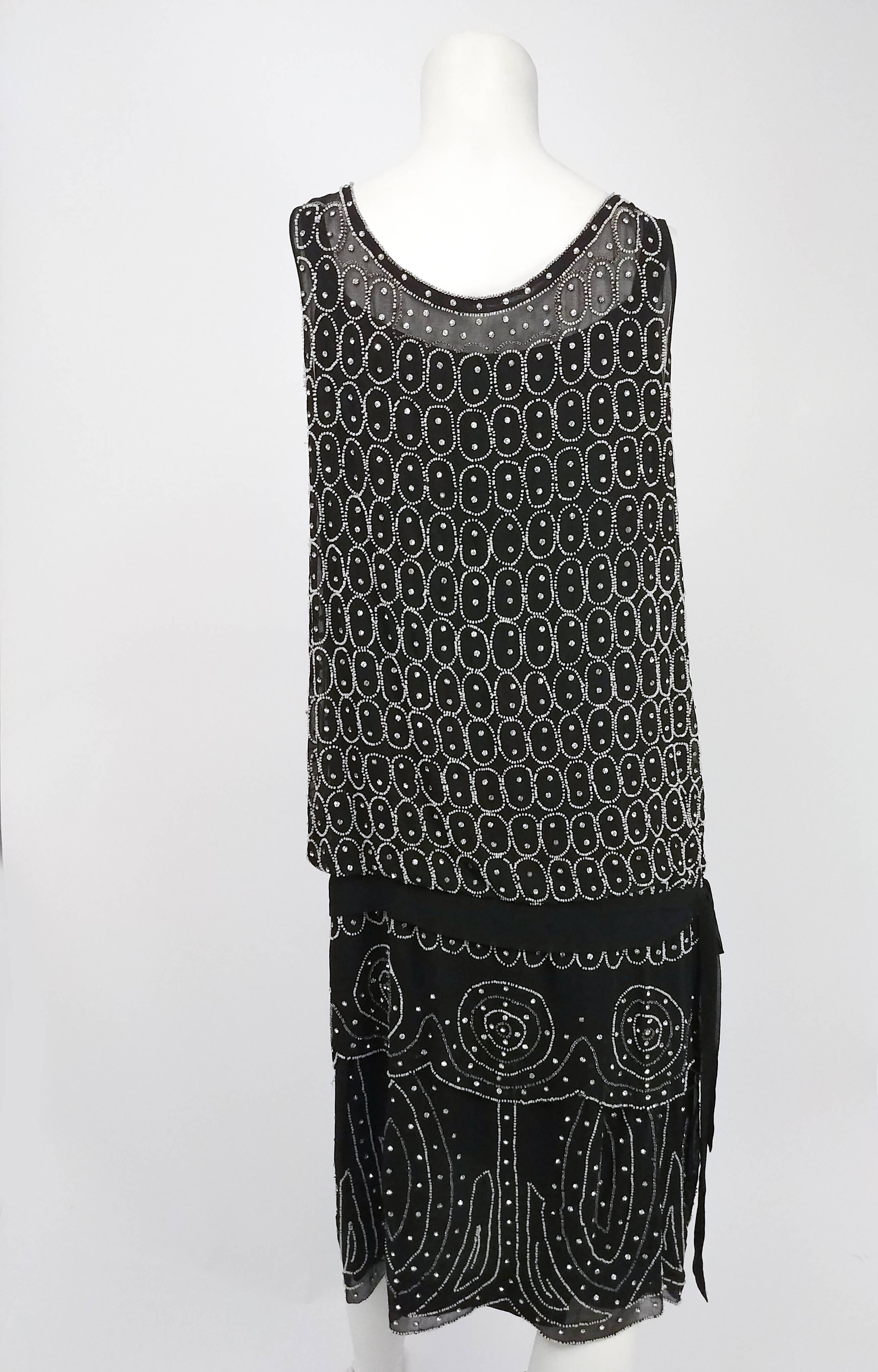1920s Black and White Beaded Rhinestone Silk Chiffon Dress For Sale at ...