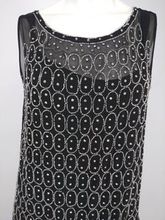 1920s Black and White Beaded Rhinestone Silk Chiffon Dress