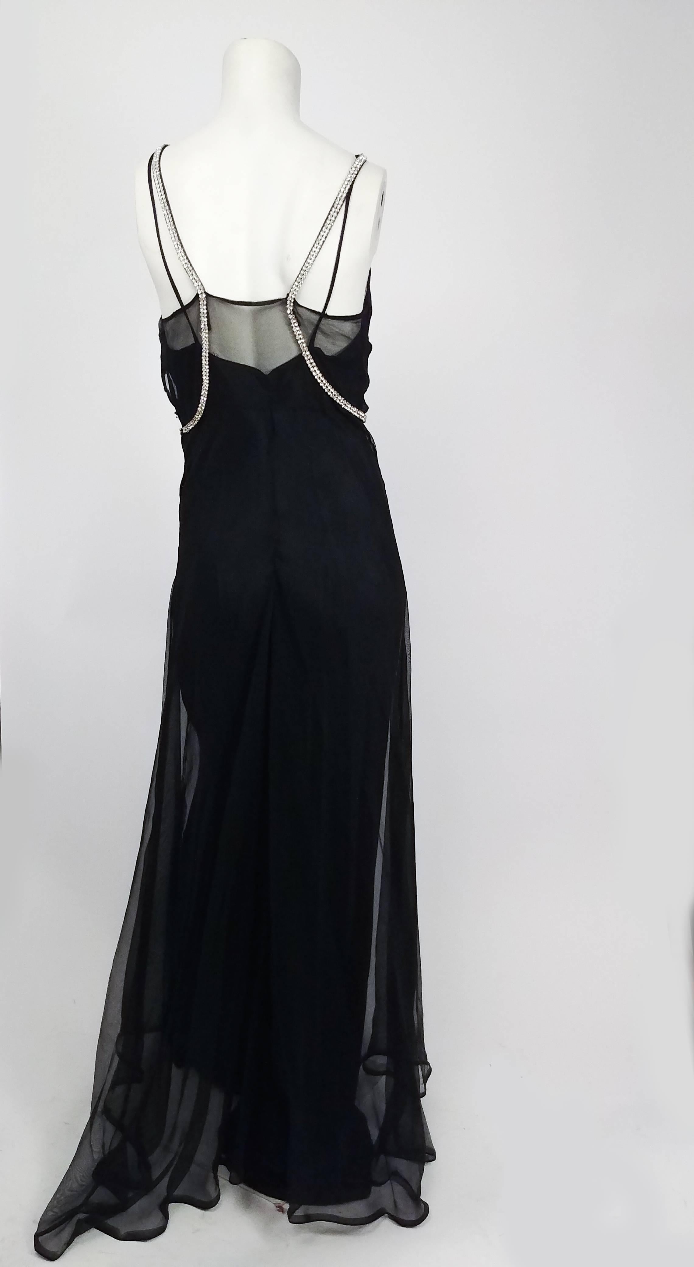 Women's 1930s Black Evening Gown with Rhinestone Detailing