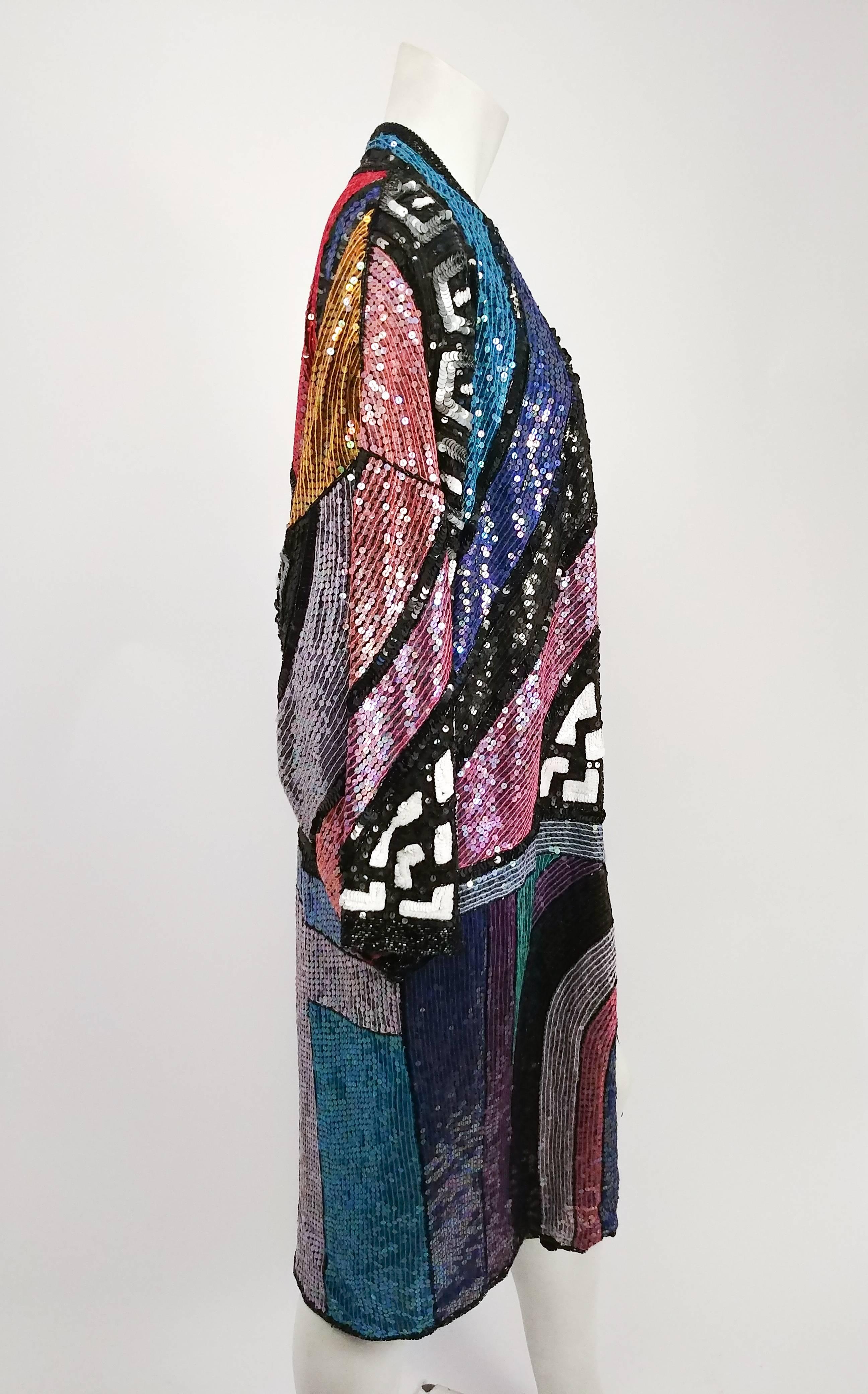 1970s Judith Ann Rainbow Sequin Long Jacket. Beads & sequins on silk. No closures.