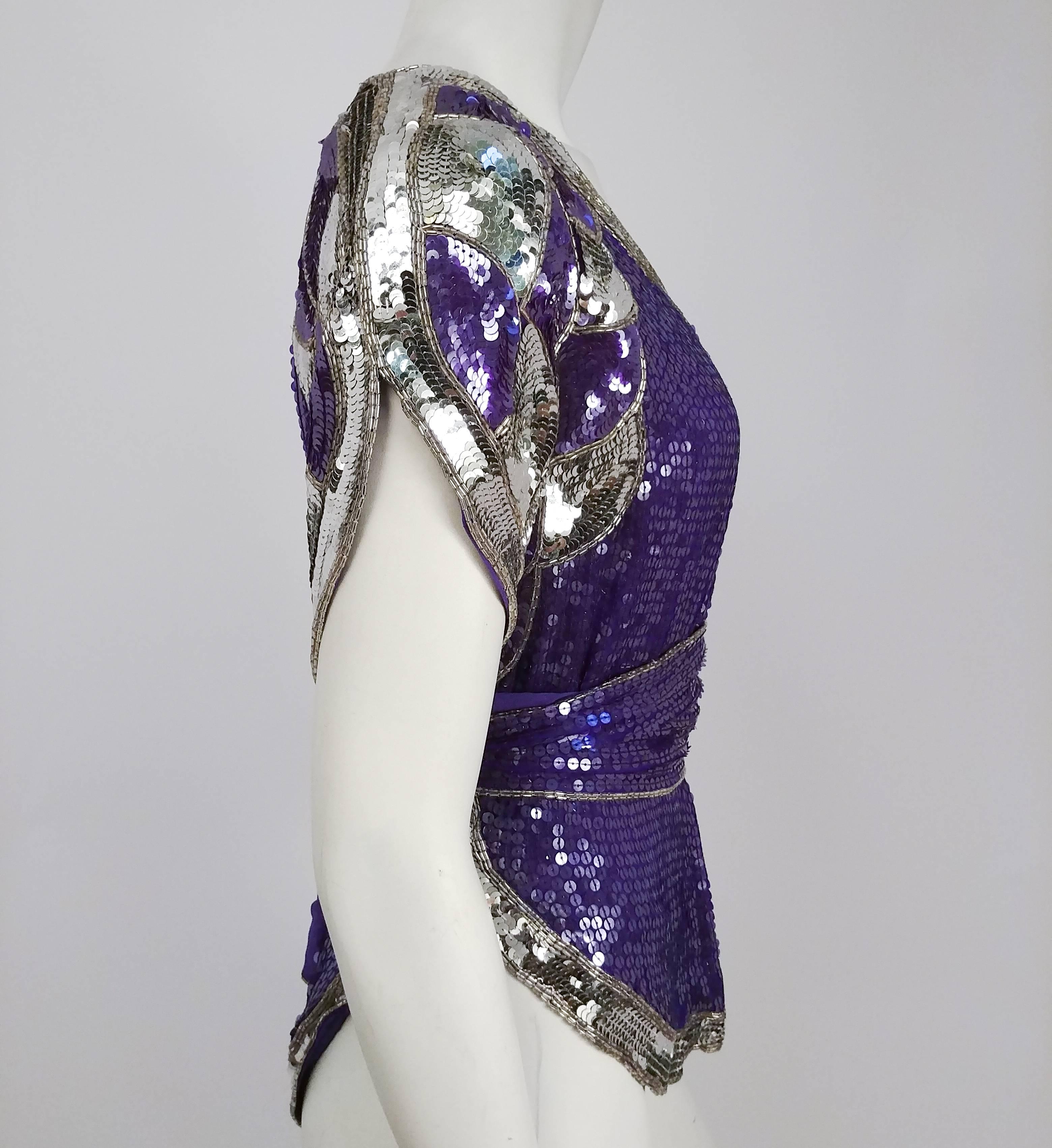 1980s Judith Ann Purple Sequin Top w/ Sash. Purple & silver sequins on silk base. Loose dolman top, can be cinched with matching sash. 