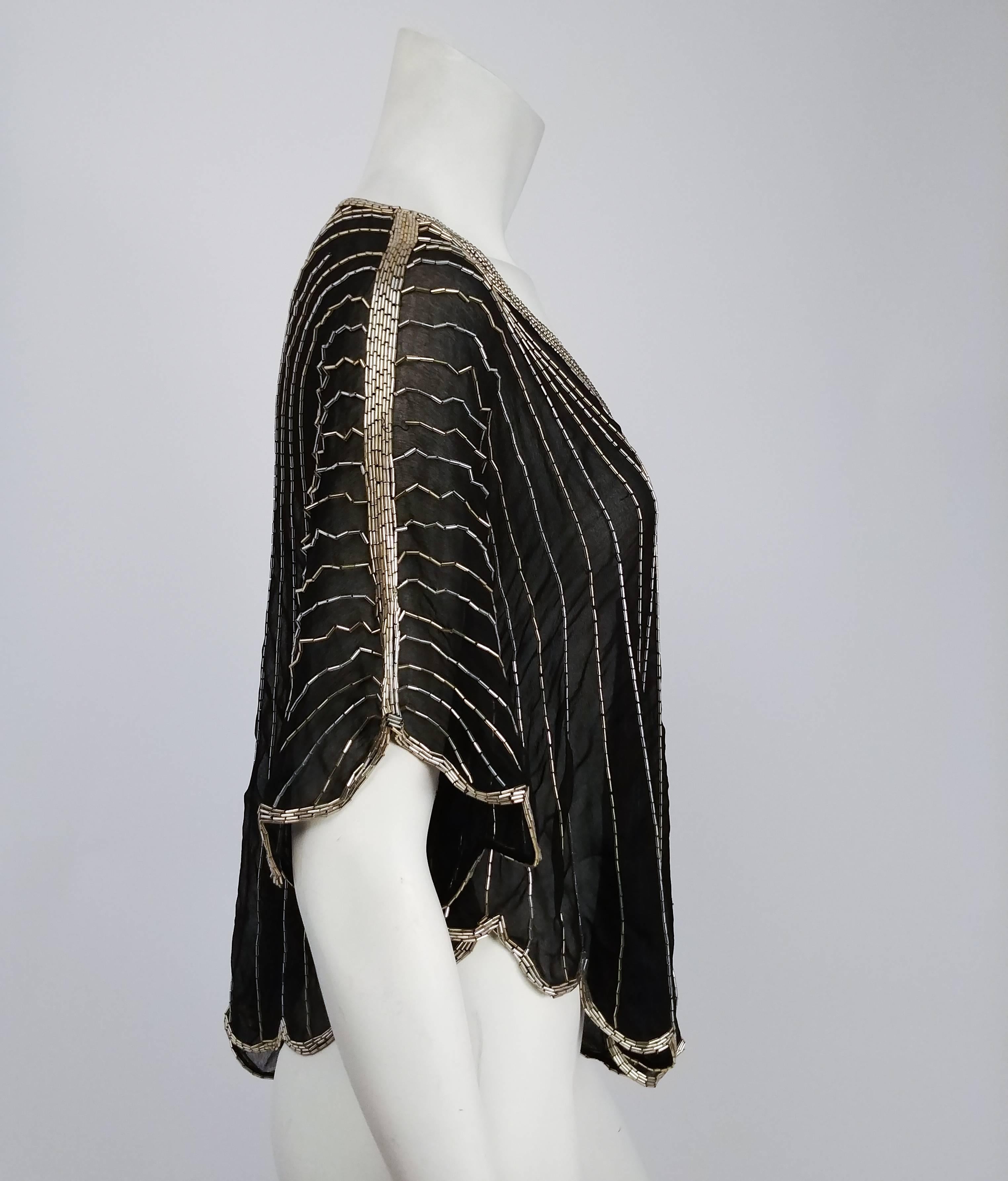 1980s Judith Ann For Neiman Marcus Black/Silver Beaded Silk Chiffon Batwing Top In Excellent Condition In San Francisco, CA