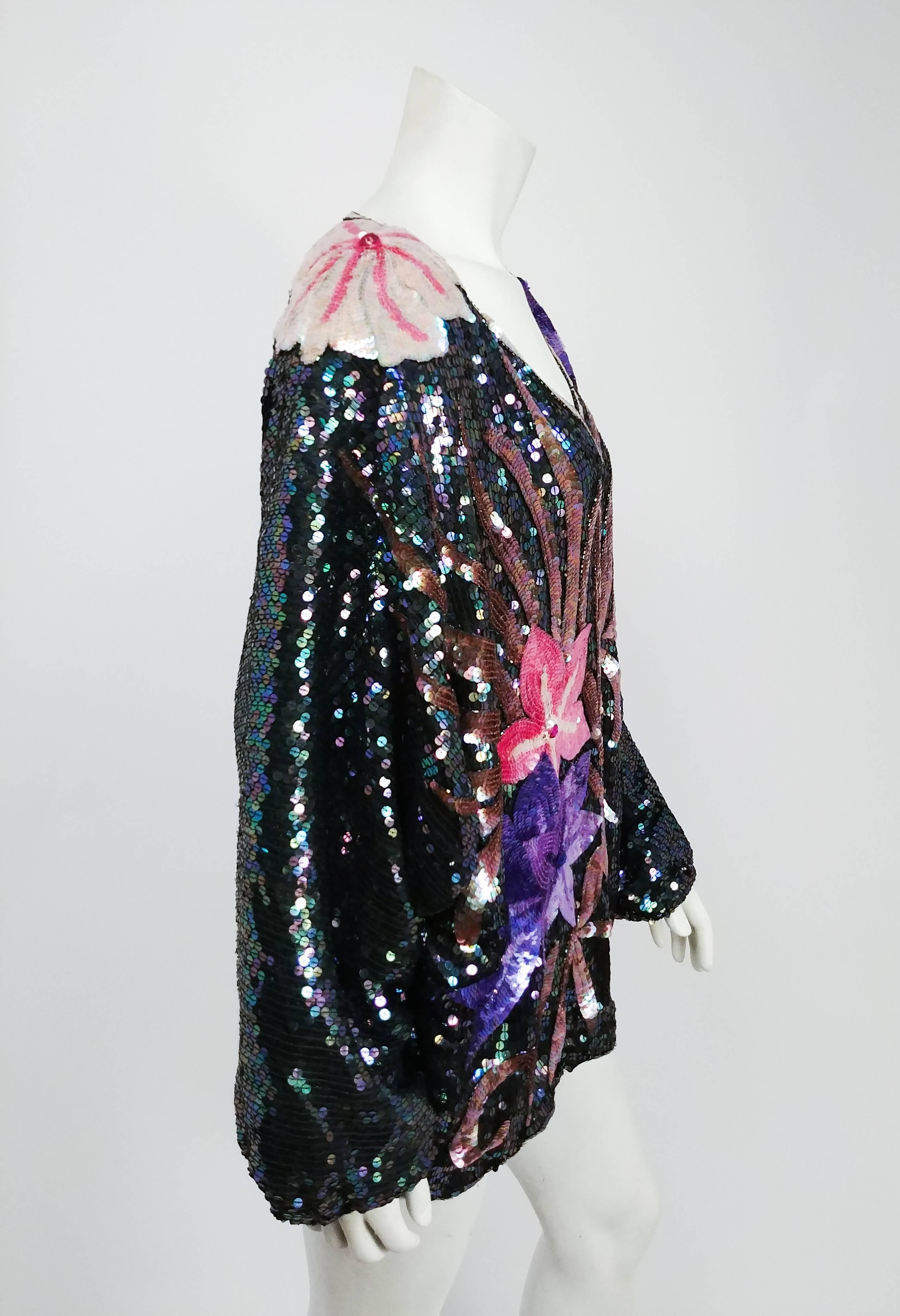 1980s Judith Ann Iridescent Black Oversized Top w/ Flowers. Sequins sewn on to silk base. Padded shoulders. 