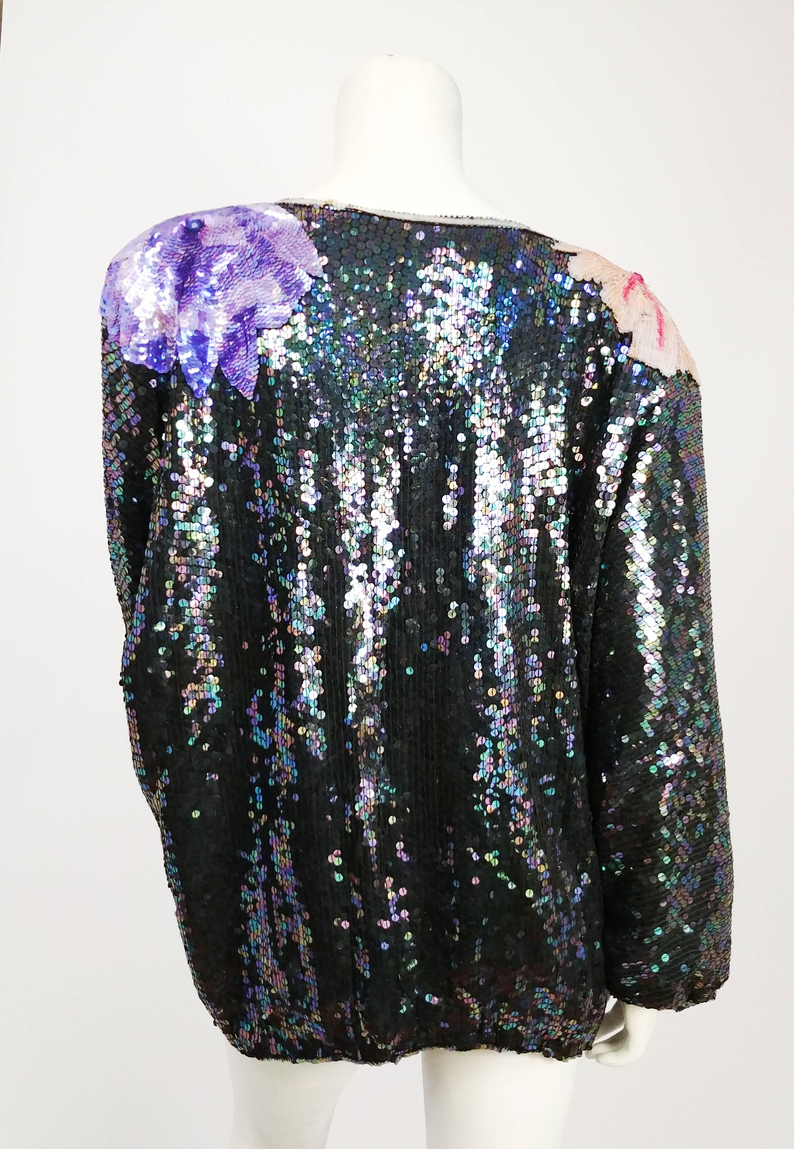 1980s Judith Ann Iridescent Black Oversized Top with Flowers In Excellent Condition In San Francisco, CA