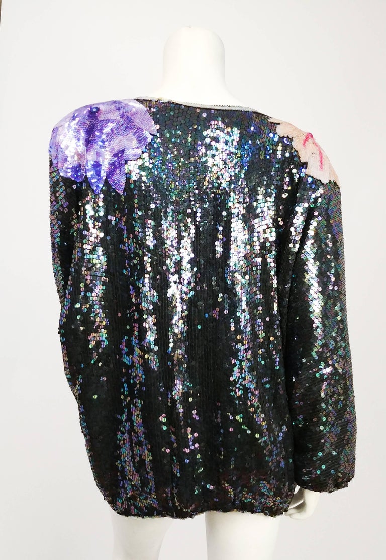 1980s Judith Ann Iridescent Black Oversized Top with Flowers at 1stDibs