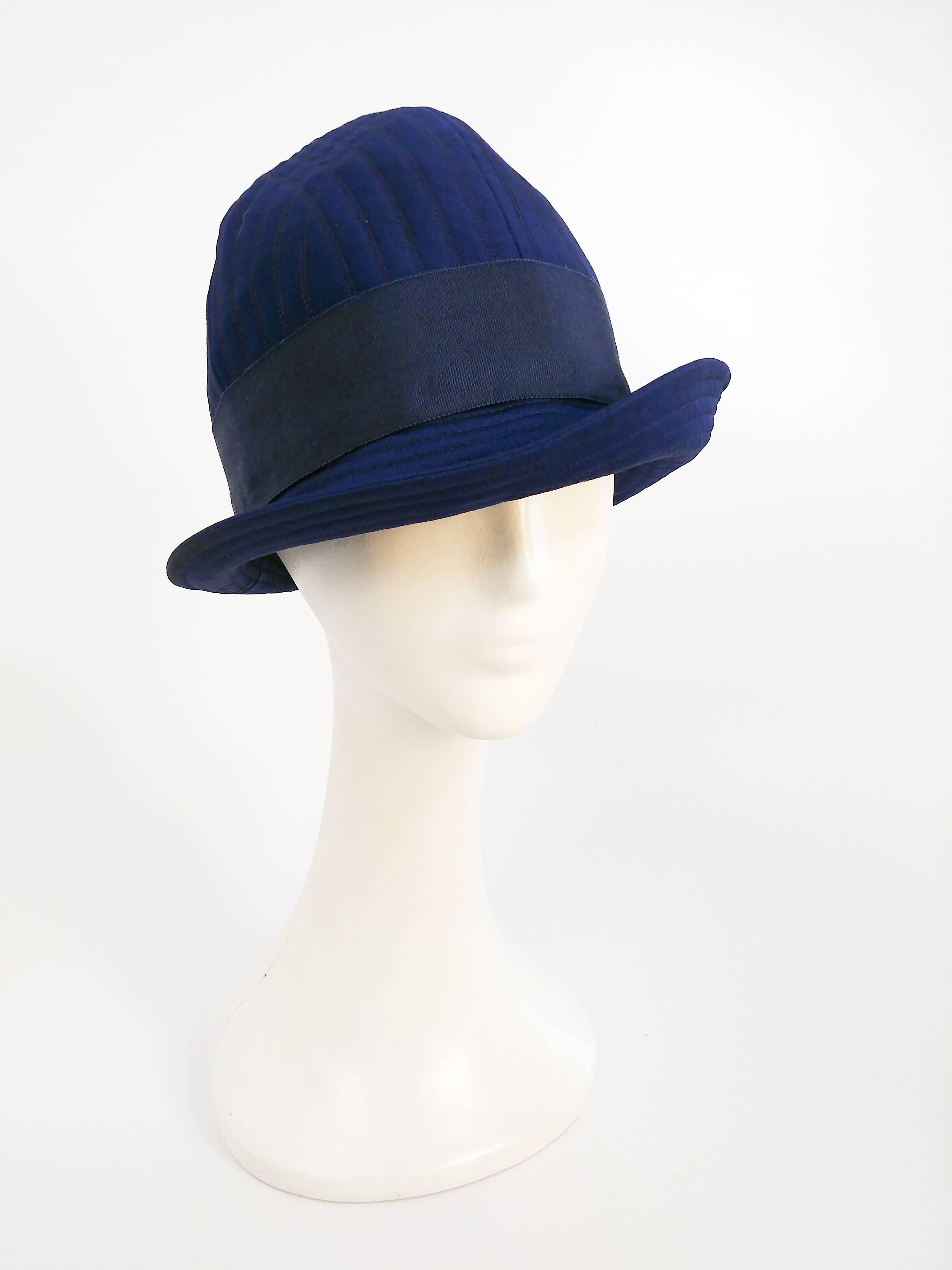 Gray 1960s Adolfo II Quilted Navy Cloche Hat For Sale