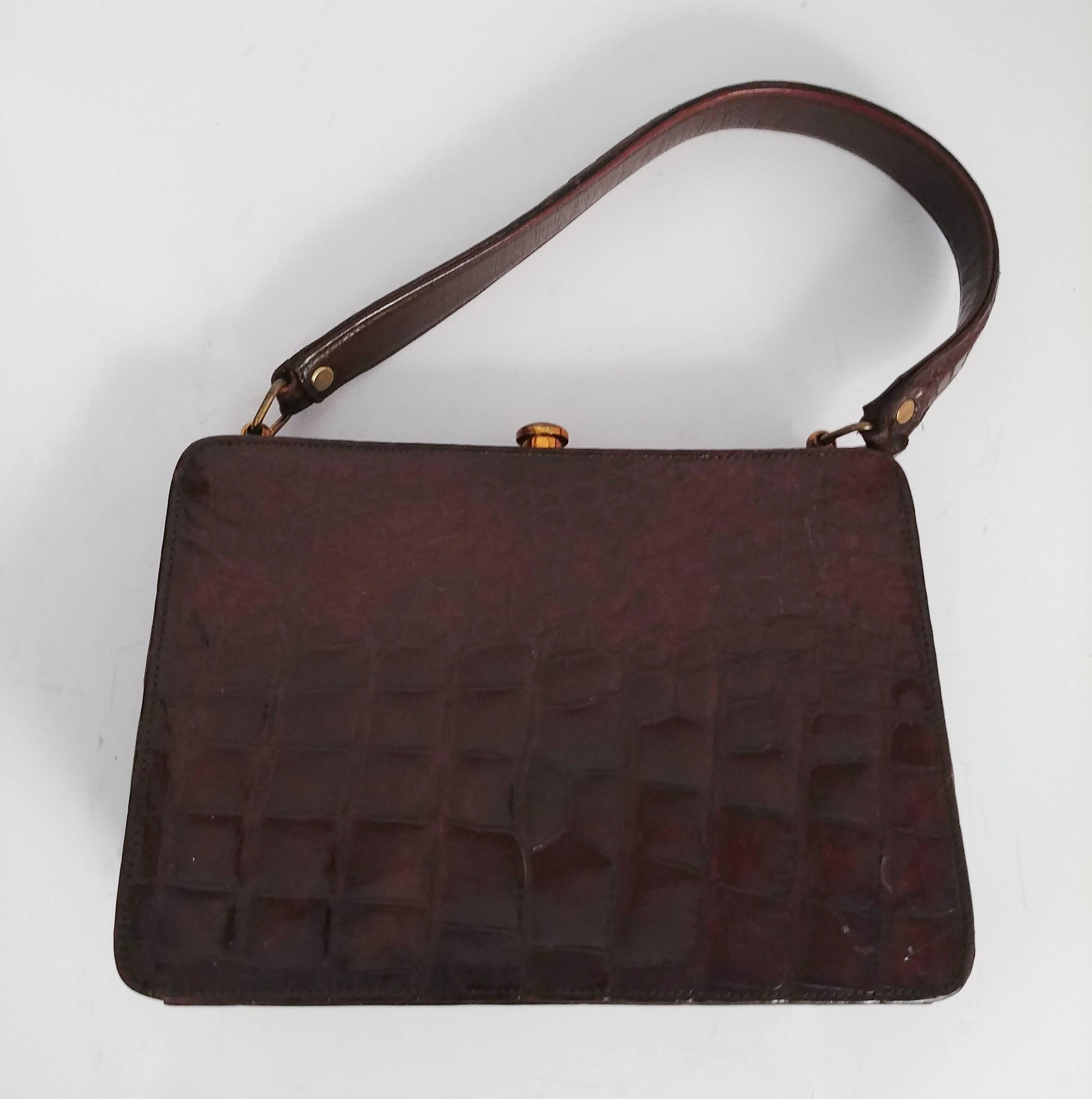 1950s Dark Brown Alligator Purse. Ridged front of purse. Cognac leather interior. 