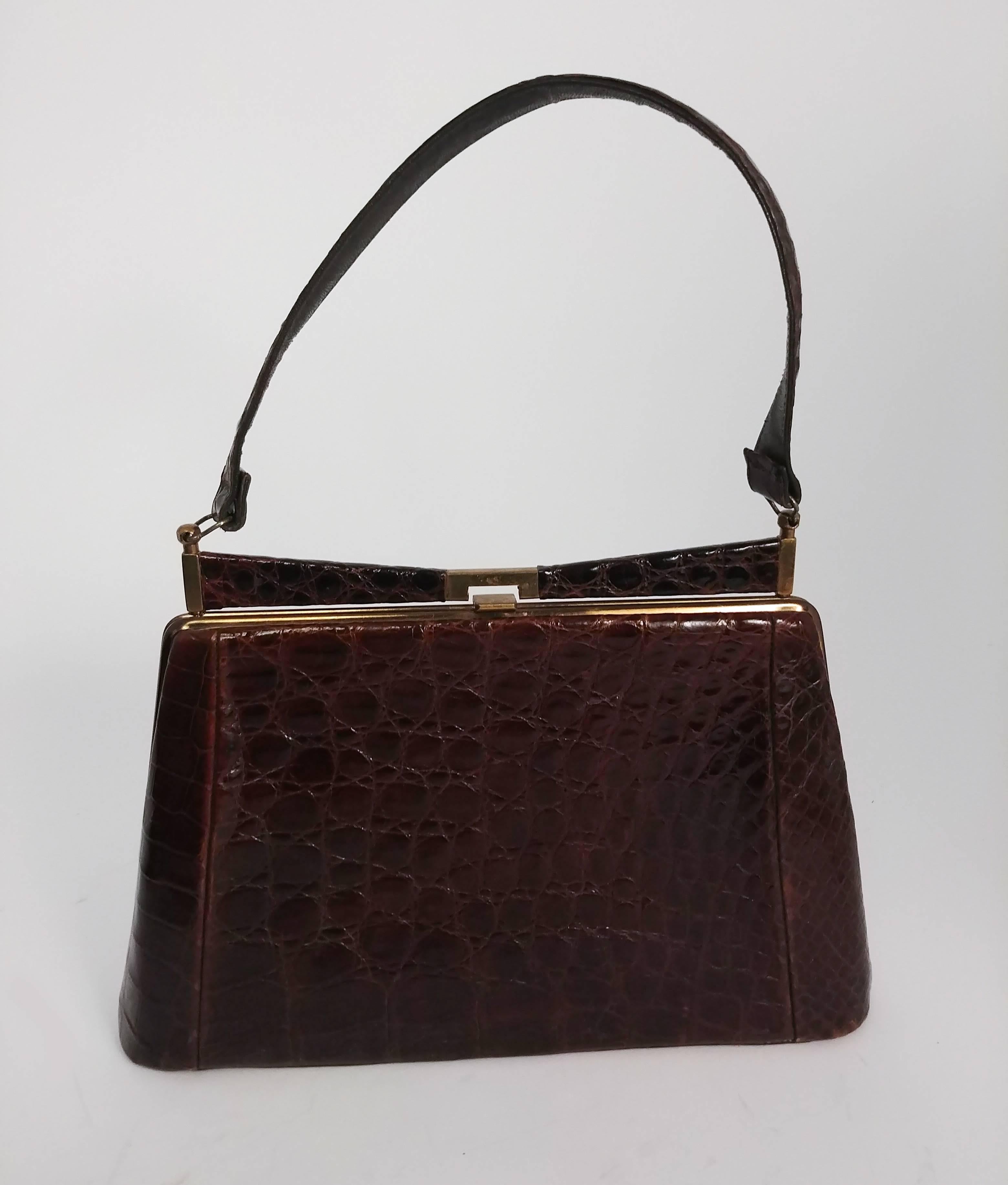 Women's 1950s Brown Alligator Handbag For Sale